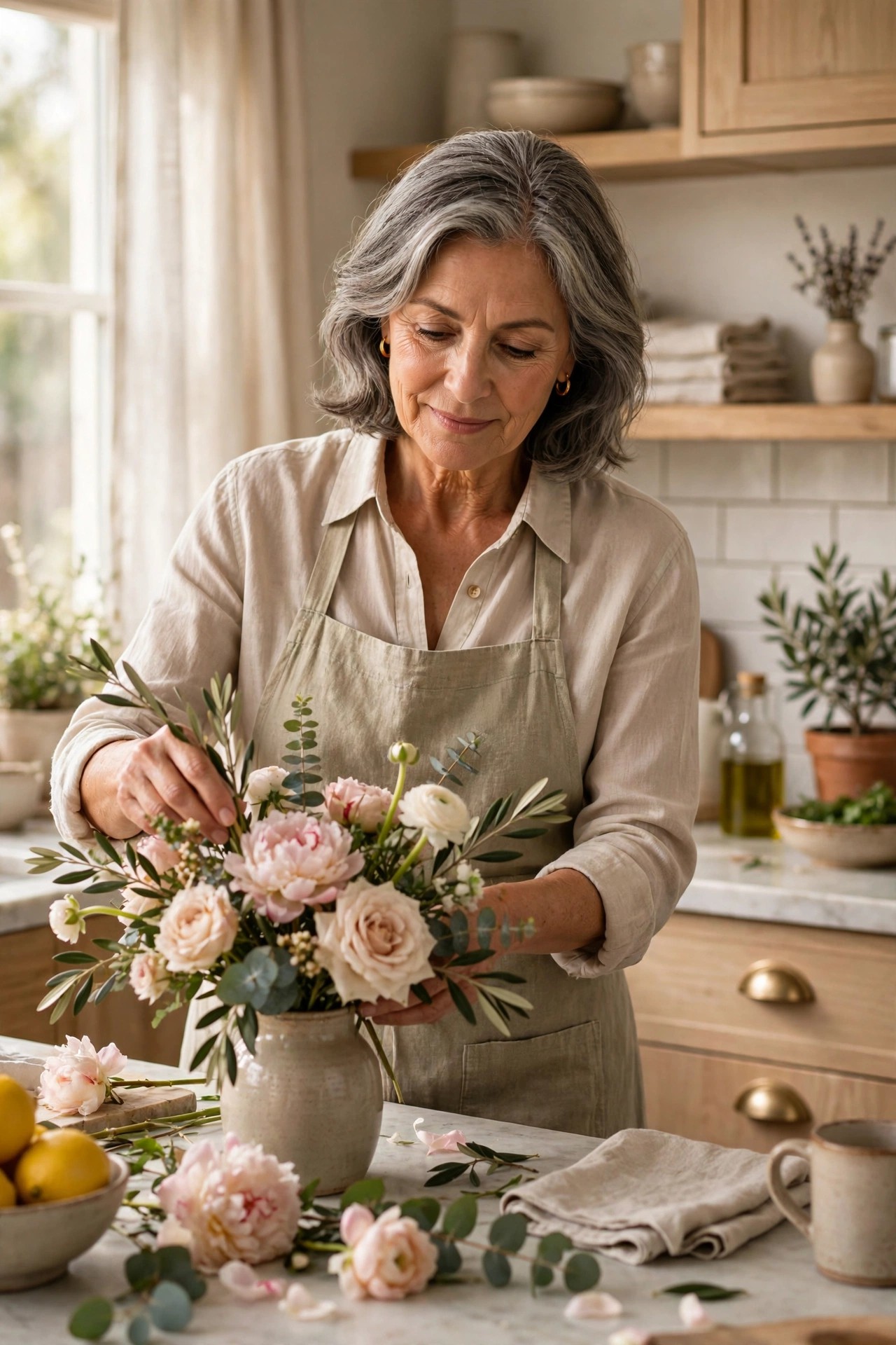 Woman in her 60s arranging flowers in a bright kitchen
