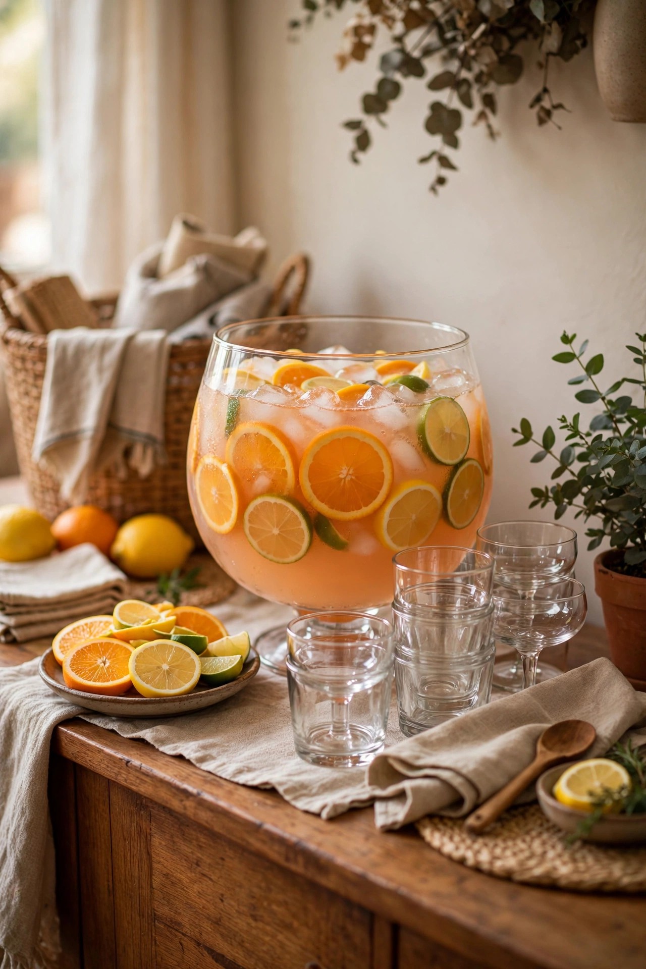 Self-serve holiday drink station with punch bowl and glasses