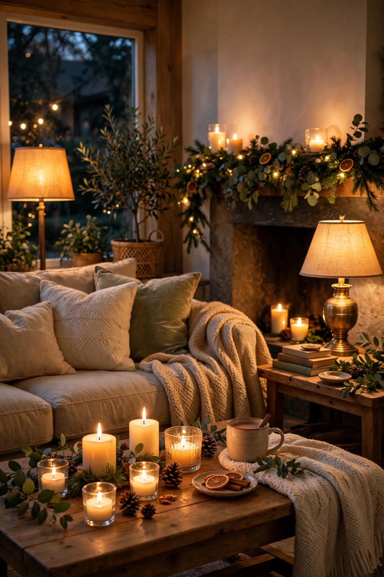 Living room glowing with candles and warm lamps on a holiday evening