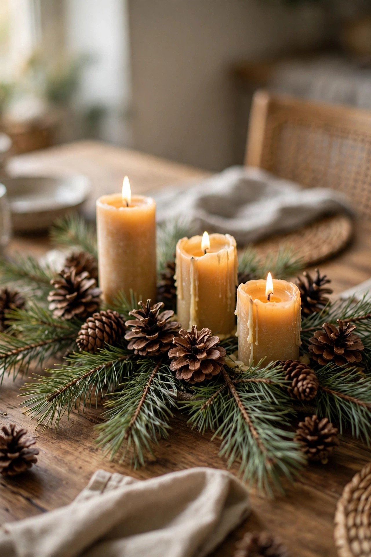 Simple centerpiece of pine branches, pinecones and candles