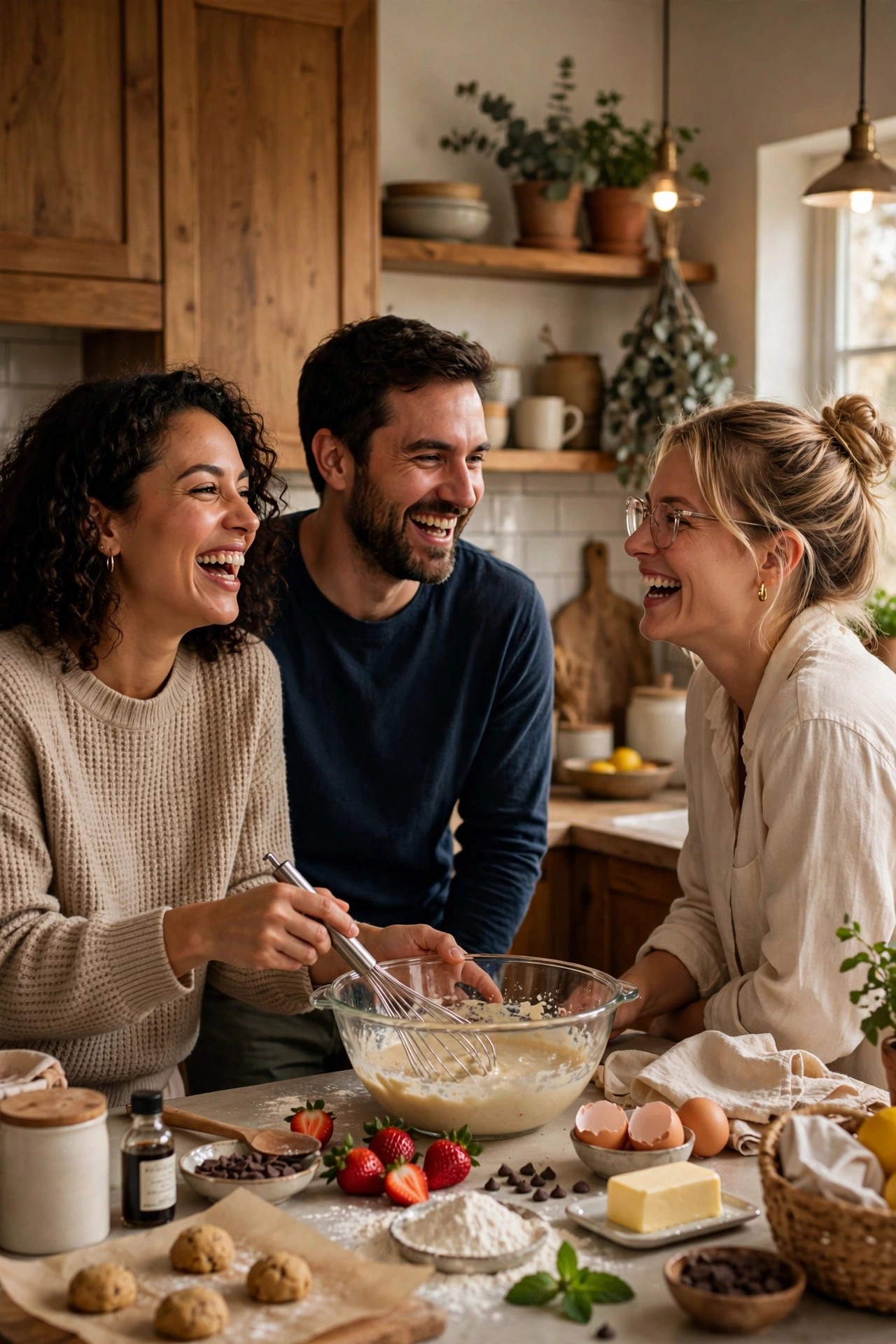 Friends laughing together in a cozy kitchen preparing dessert
