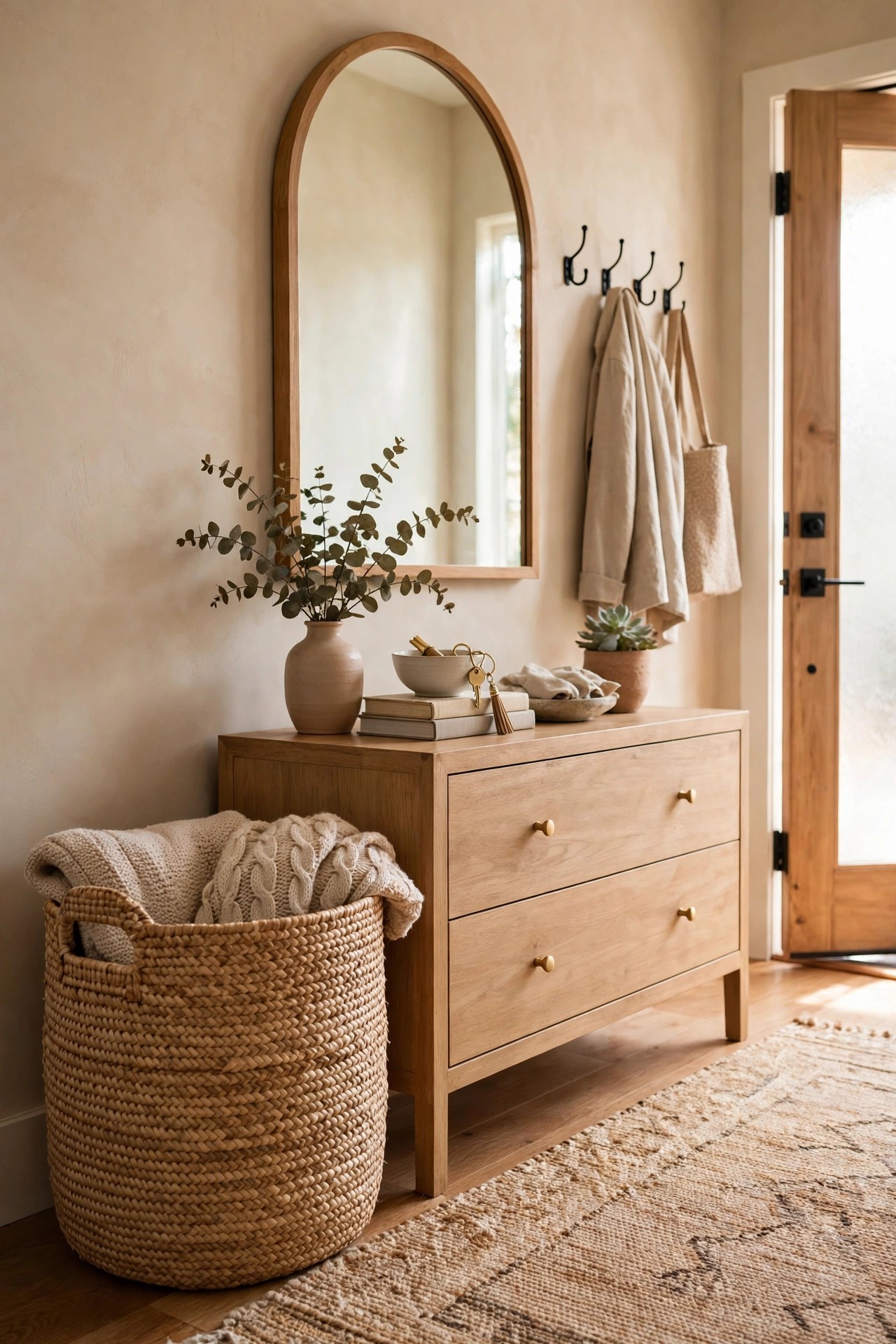 Woven basket beside a tidy entryway console table