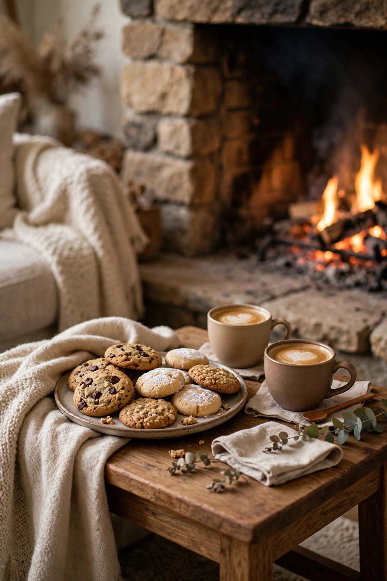 Coffee cups and a platter of cookies by a fireplace