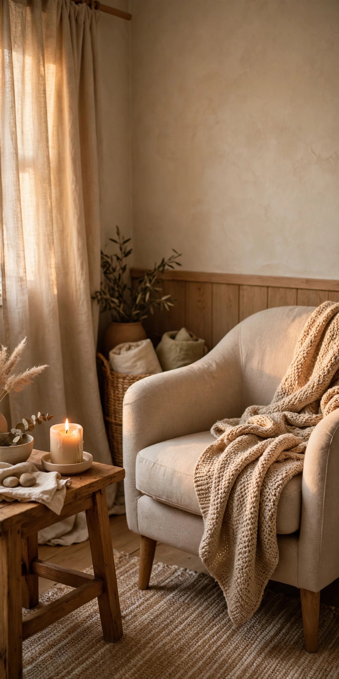Peaceful corner with a lit candle and comfortable chair before guests arrive
