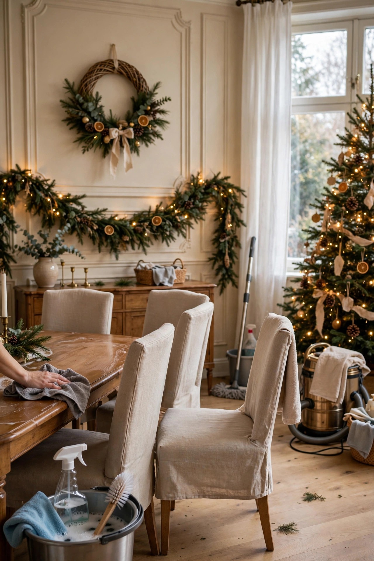 Deep cleaning a dining room two weeks before Christmas dinner