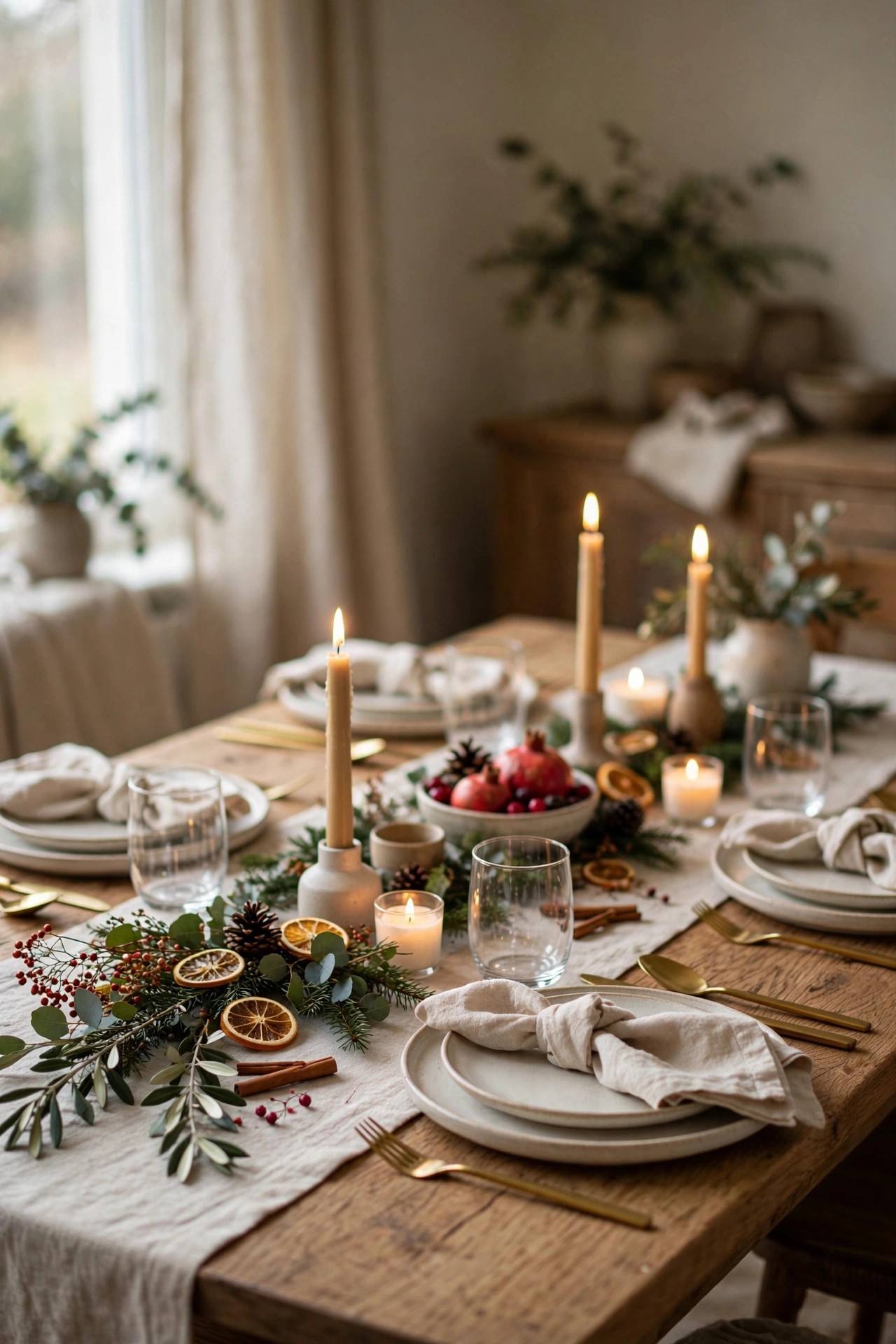 Christmas dining table set a week early with plates and candles