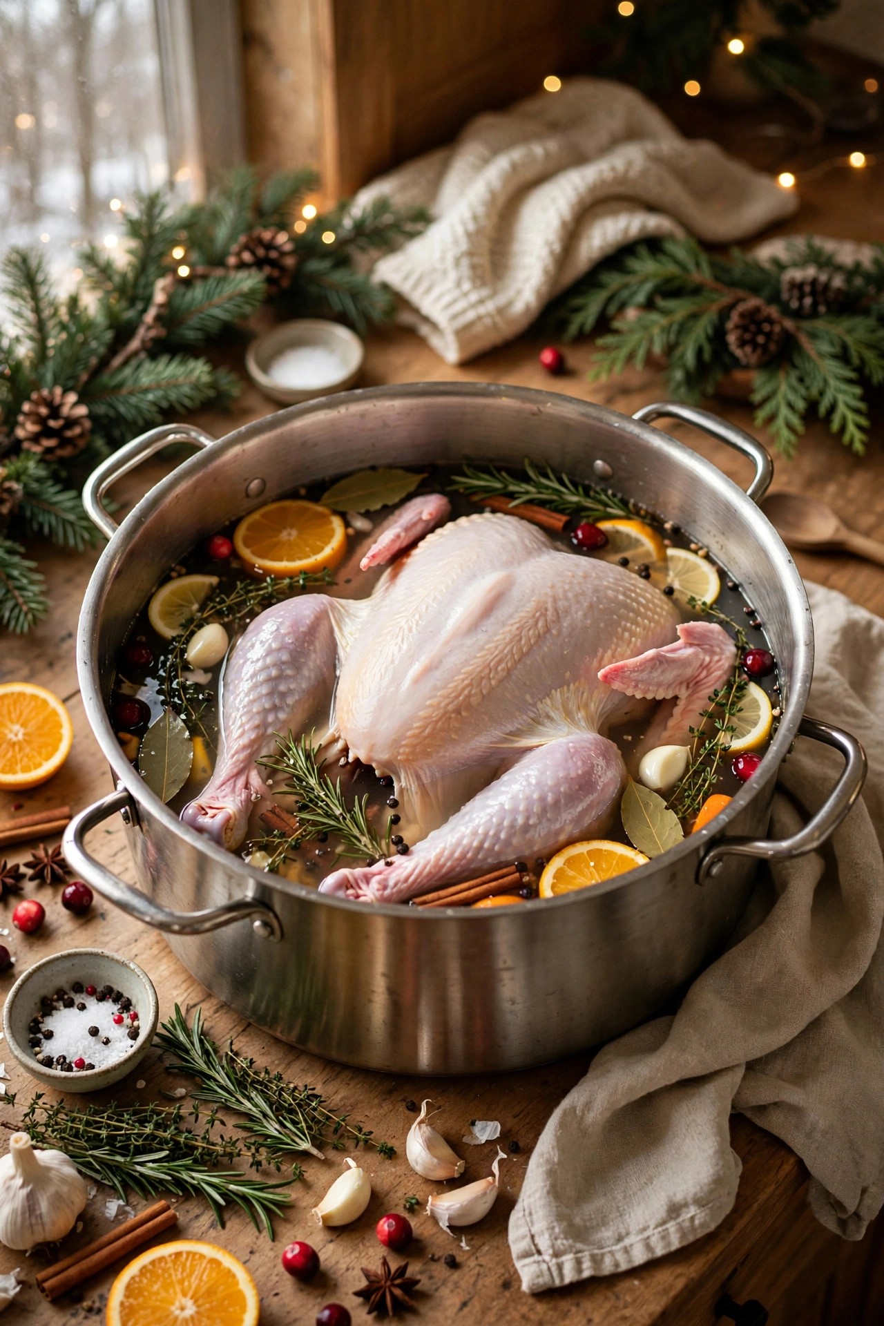 Brining a turkey in a large pot two days before Christmas