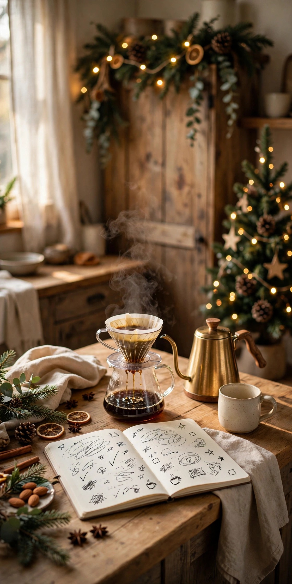 Christmas morning kitchen with coffee brewing and handwritten day plan