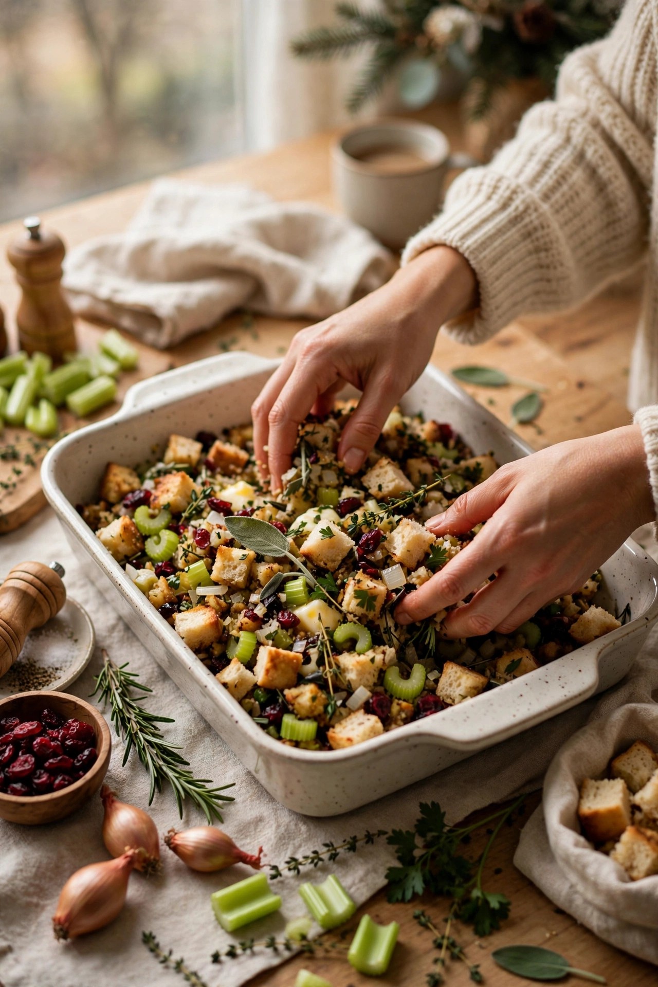 Assembling Christmas stuffing in the morning before baking