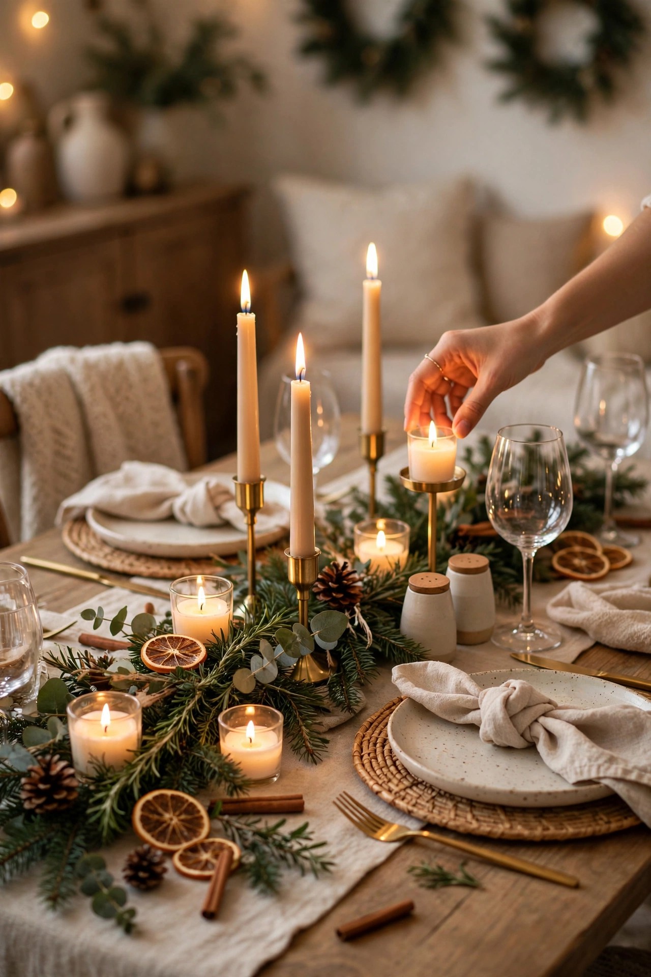 Final check of Christmas table setting one hour before guests
