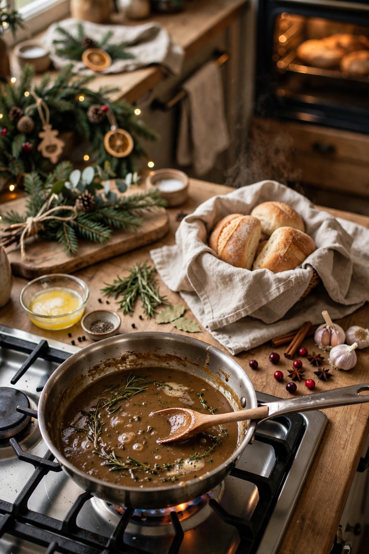 Warming bread and starting gravy base before Christmas dinner