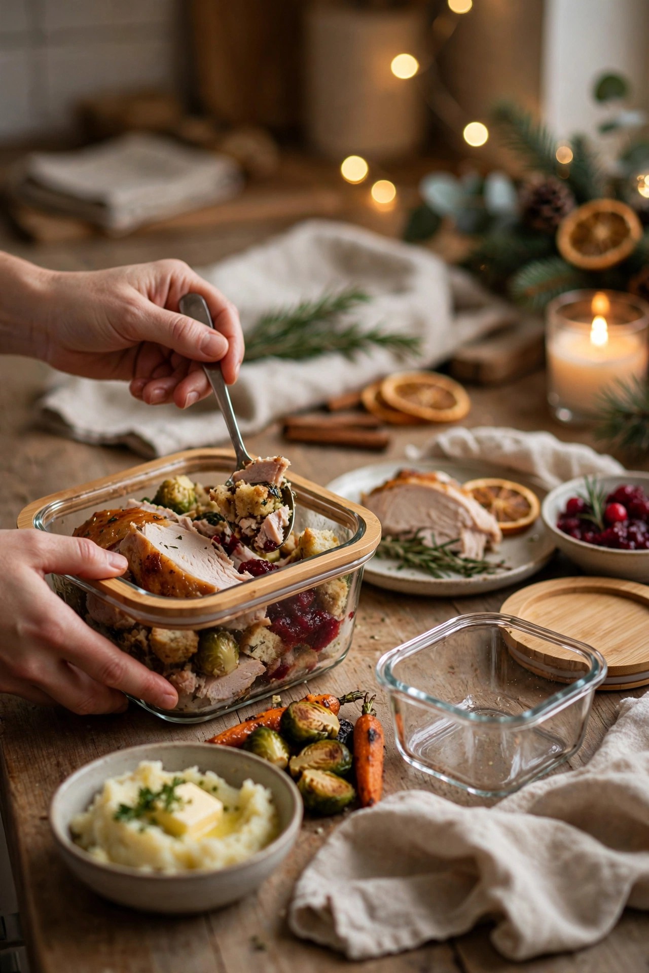 Quick Christmas dinner cleanup system with leftovers packed