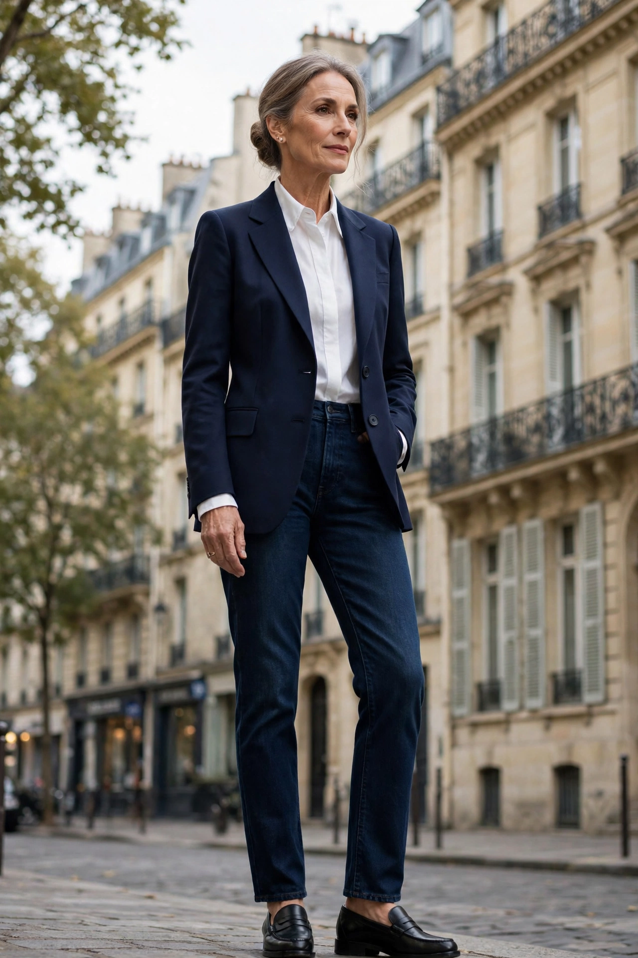 Elegant Parisian woman over 60 demonstrating style rule 1