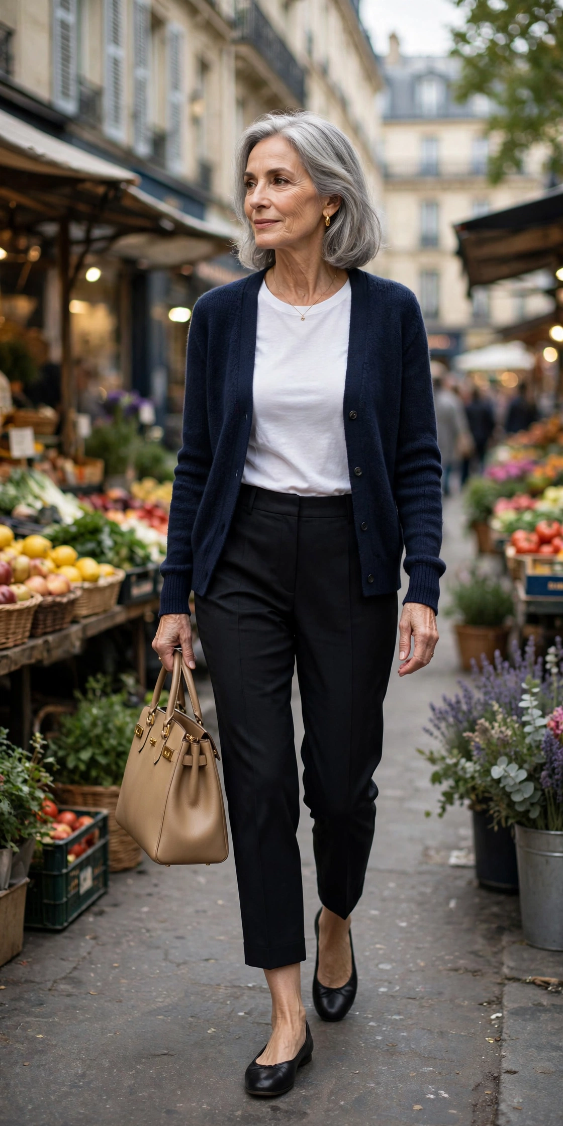 Elegant Parisian woman over 60 demonstrating style rule 6