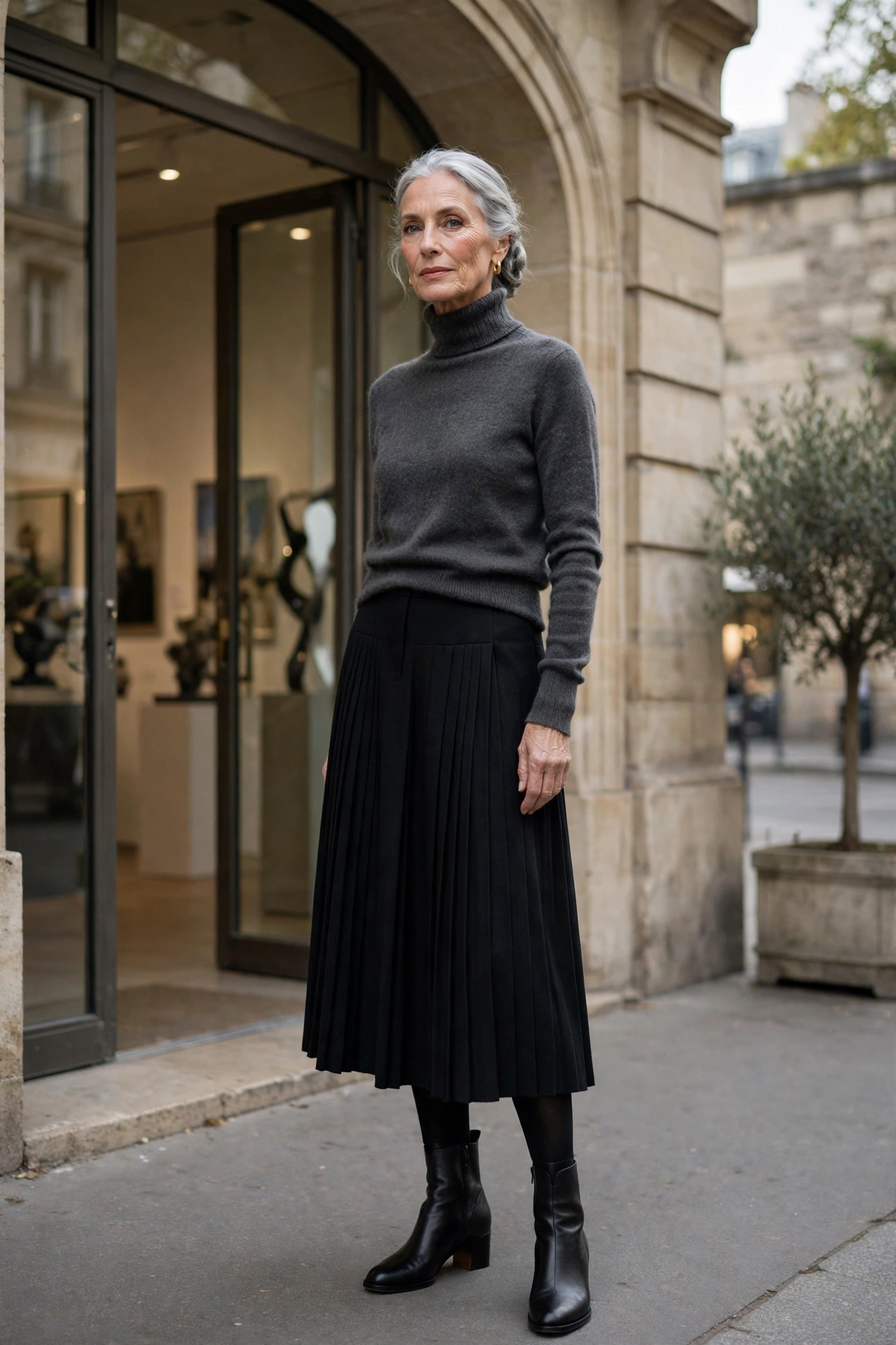 Elegant Parisian woman over 60 demonstrating style rule 7