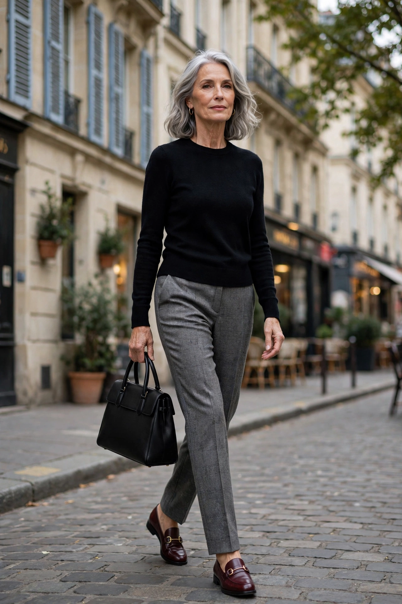Elegant Parisian woman over 60 demonstrating style rule 10