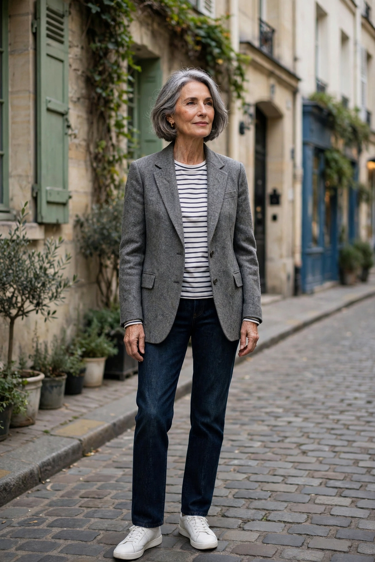 Elegant Parisian woman over 60 demonstrating style rule 12