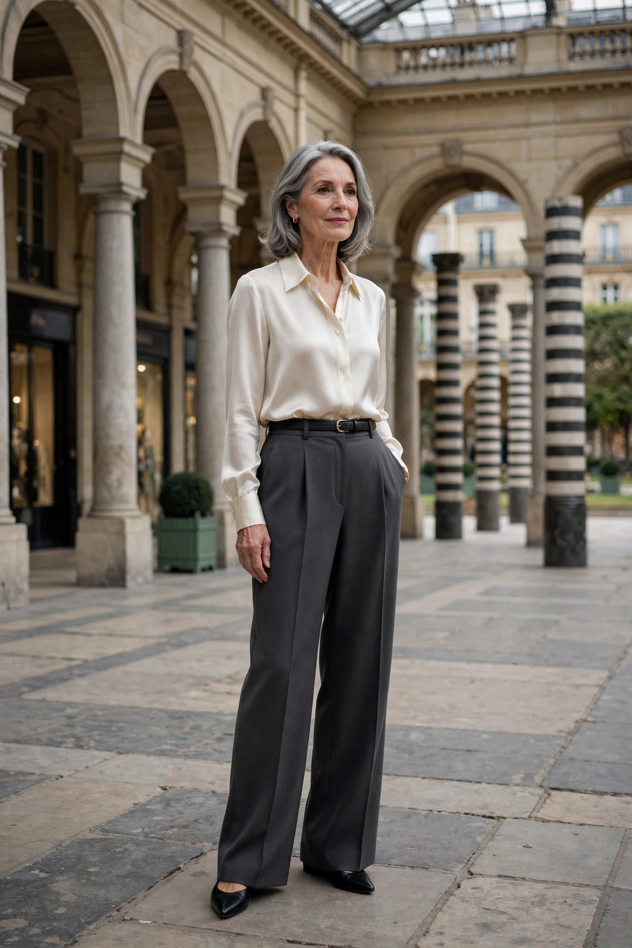 Elegant Parisian woman over 60 demonstrating style rule 13