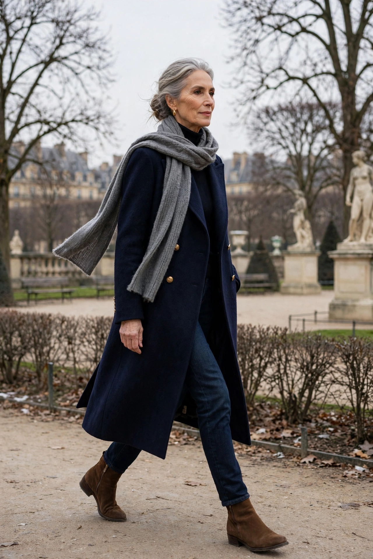 Elegant Parisian woman over 60 demonstrating style rule 15