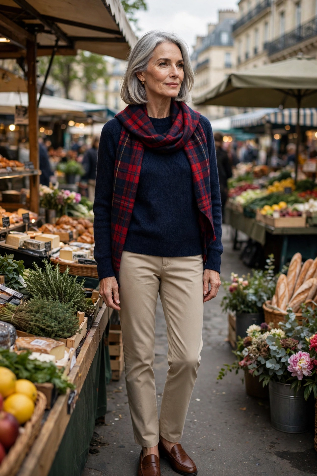 Elegant Parisian woman over 60 demonstrating style rule 16