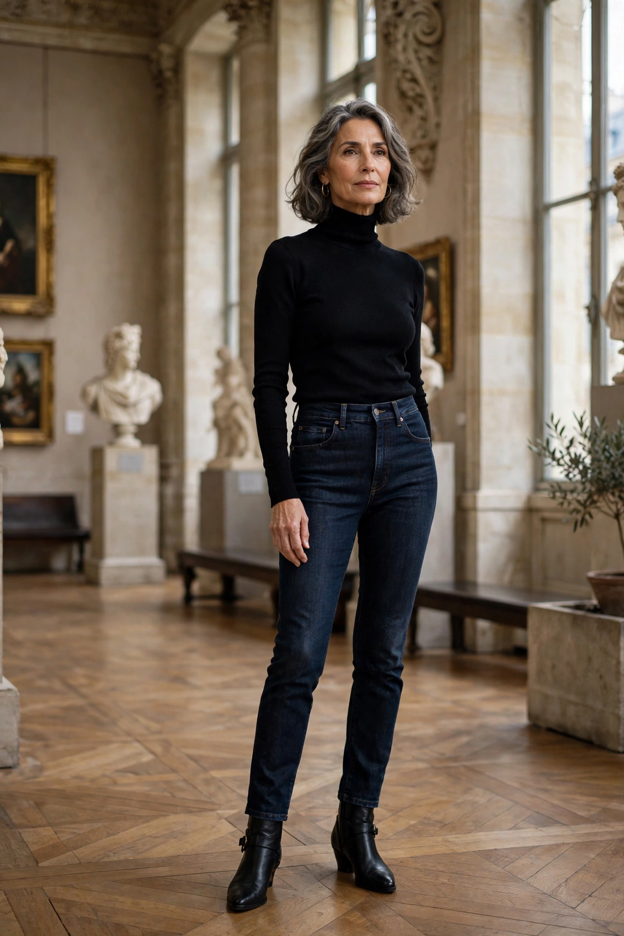 Elegant Parisian woman over 60 demonstrating style rule 18