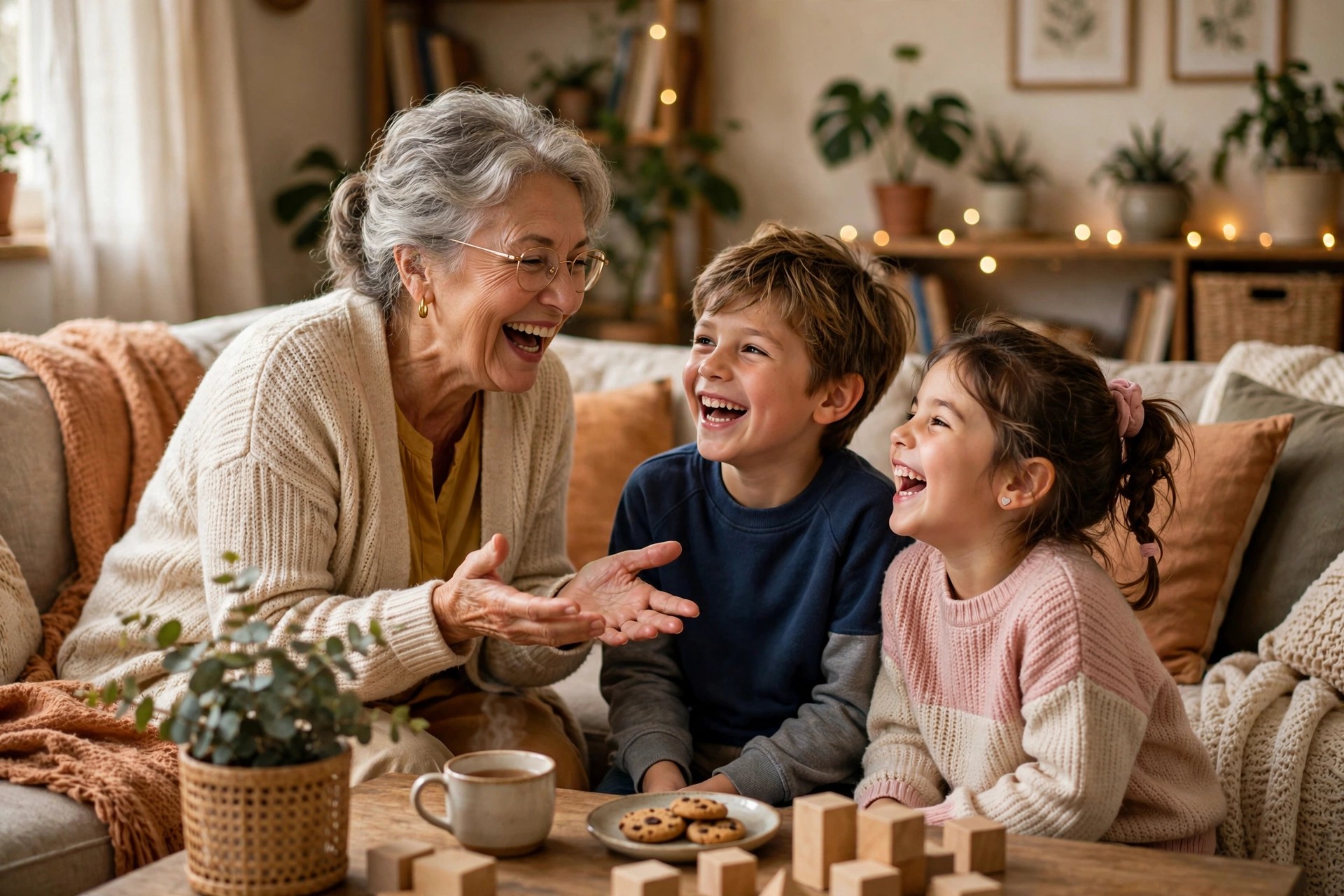 Grandmother surprising grandchildren with a yes day in a cozy living room