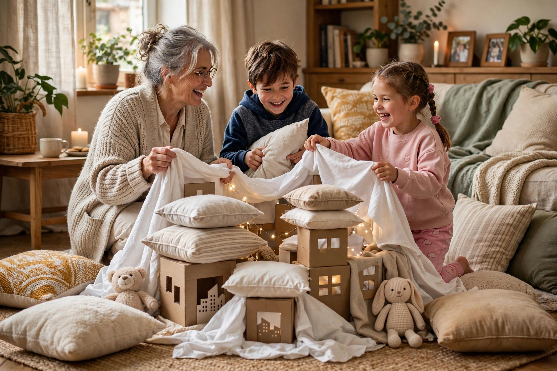Grandmother and grandchildren building a blanket fort in a living room