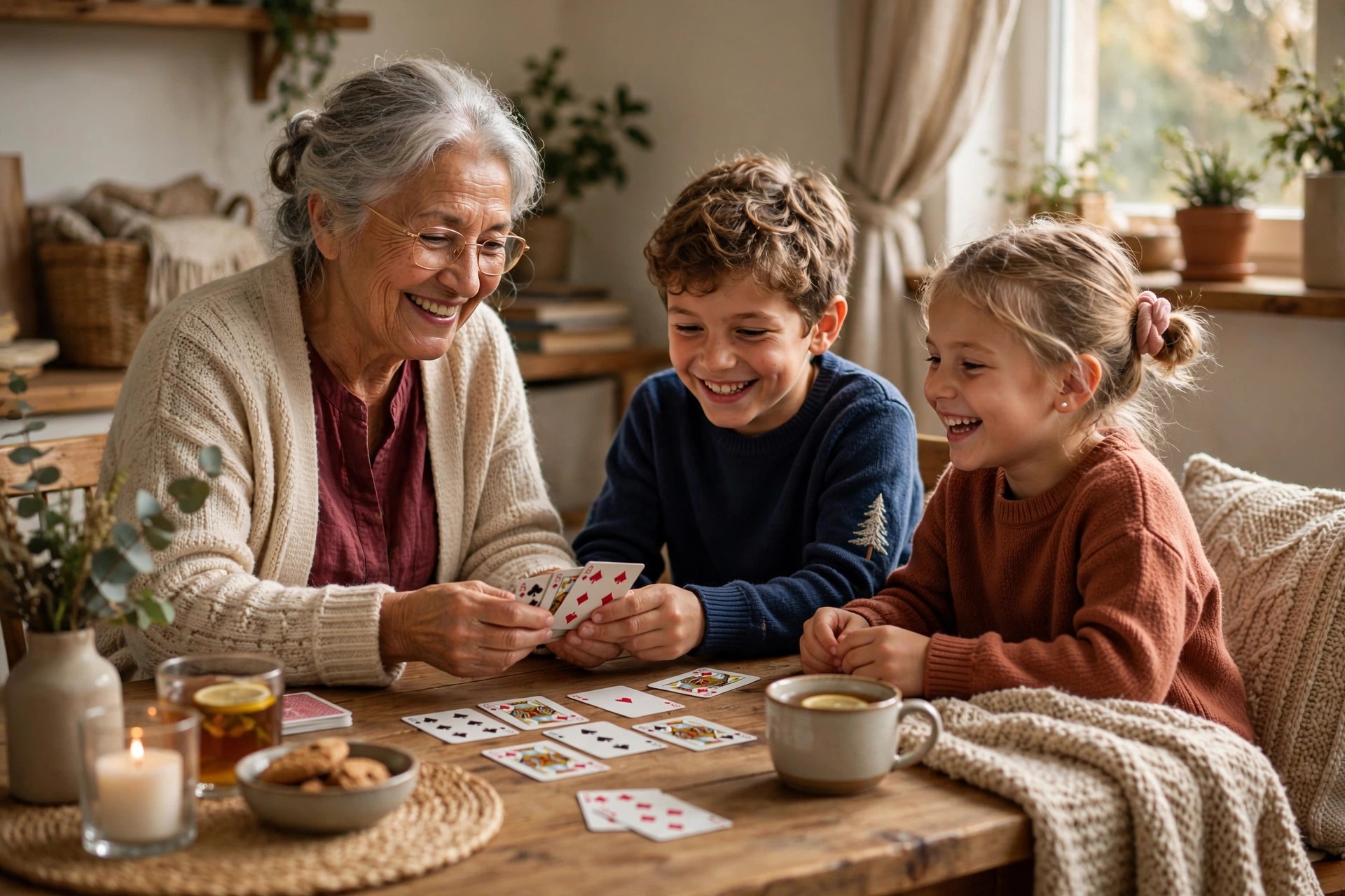 Grandmother teaching grandchildren a card game at a wooden table