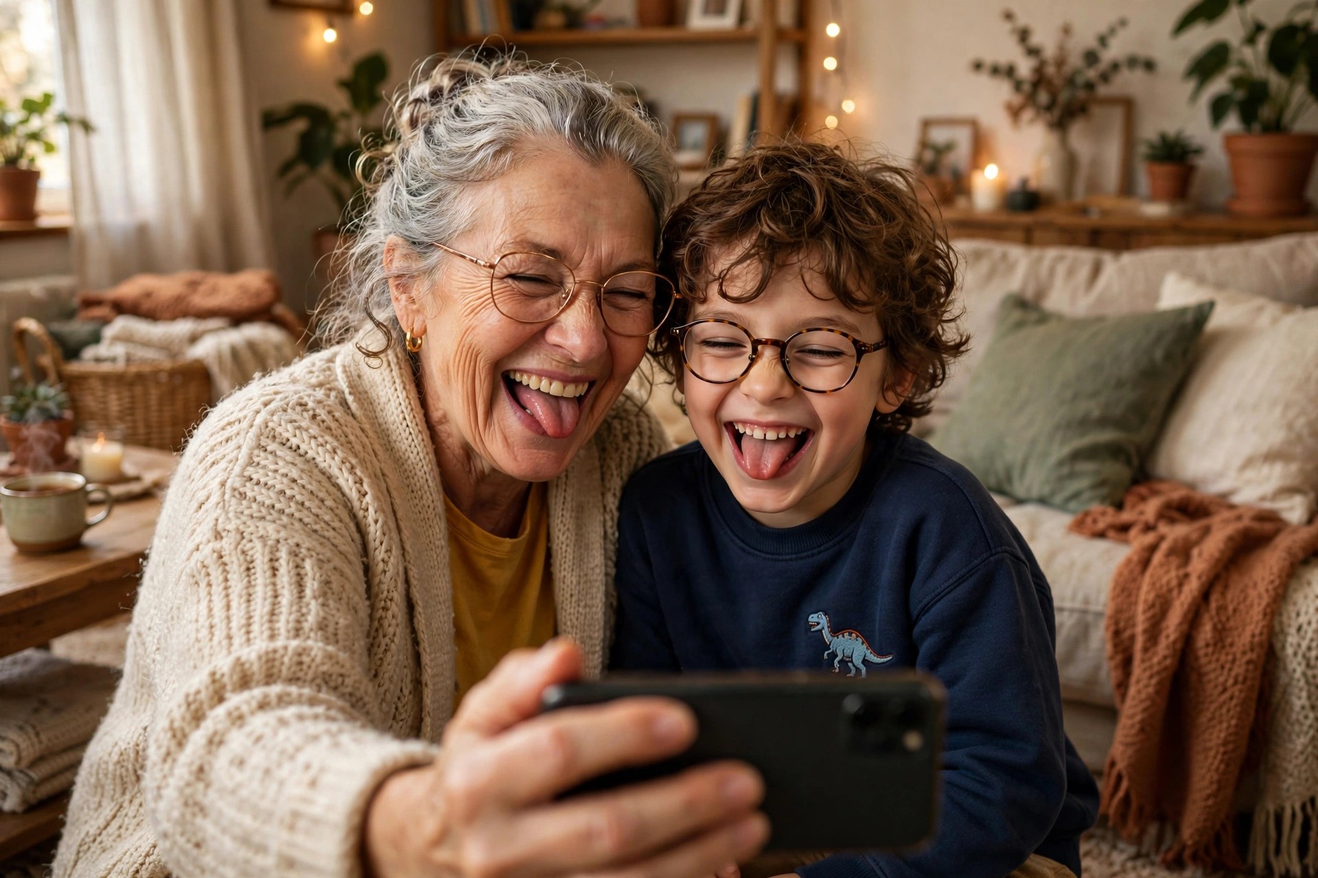 Grandmother and grandchild taking silly photos with funny faces