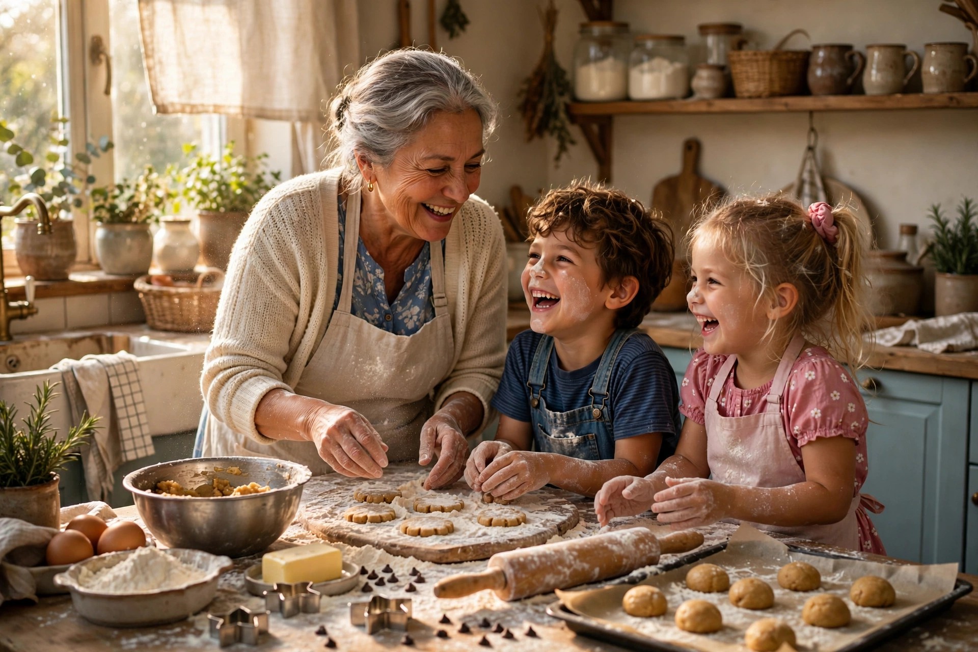 Grandmother baking cookies with young grandchildren in a sunny kitchen