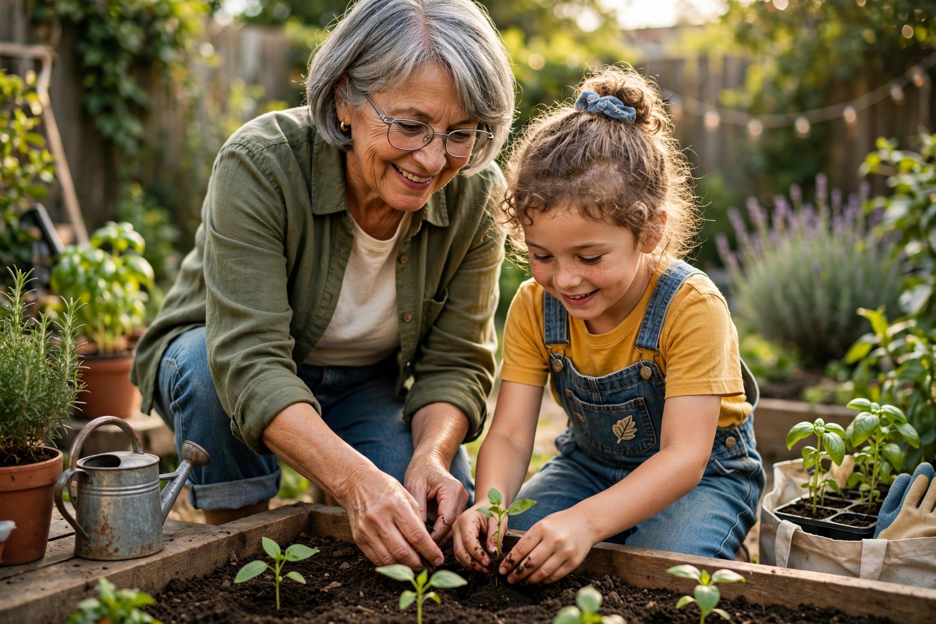 Grandmother and grandchild planting seedlings in a backyard garden