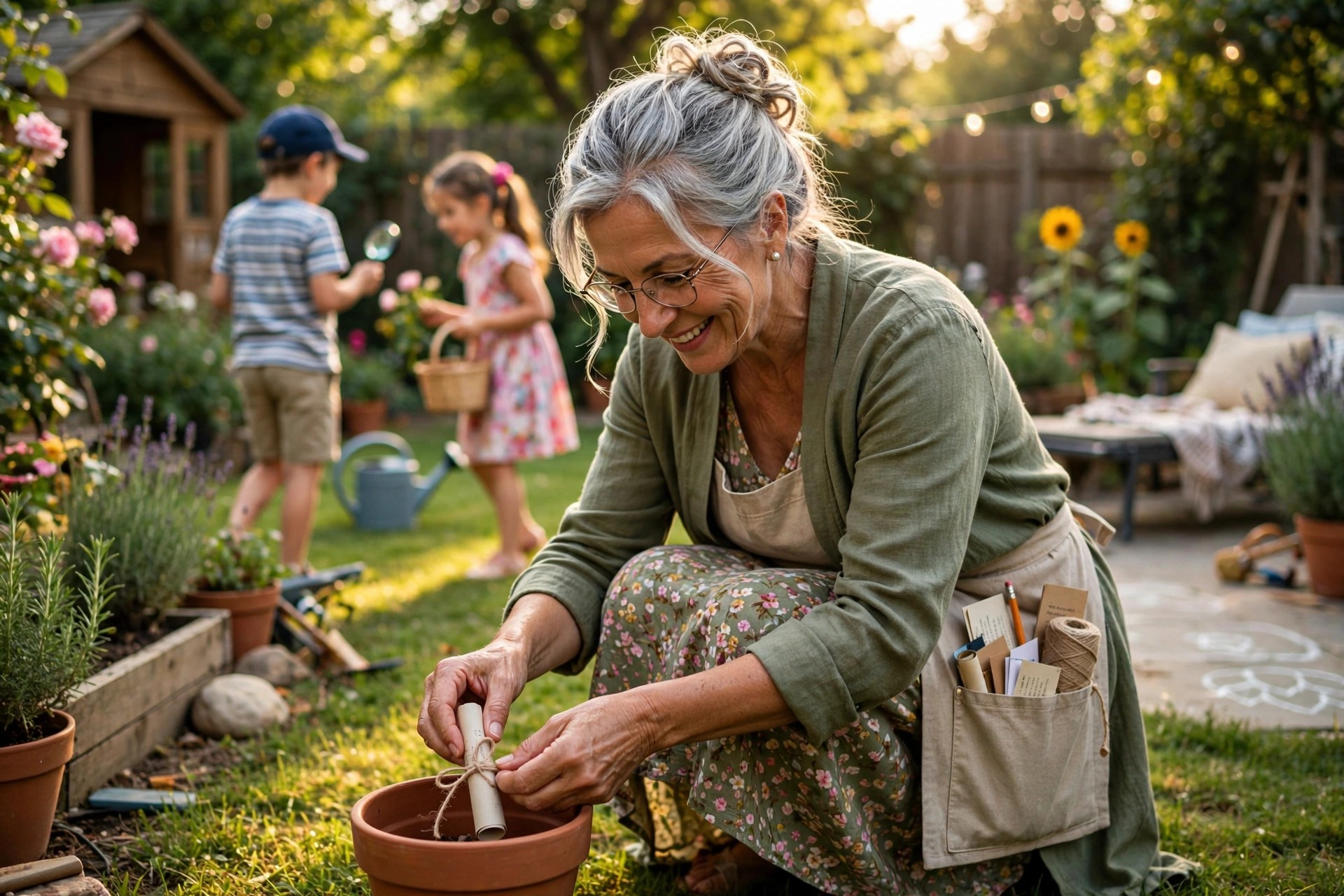 Grandmother hiding treasure hunt clues in a backyard