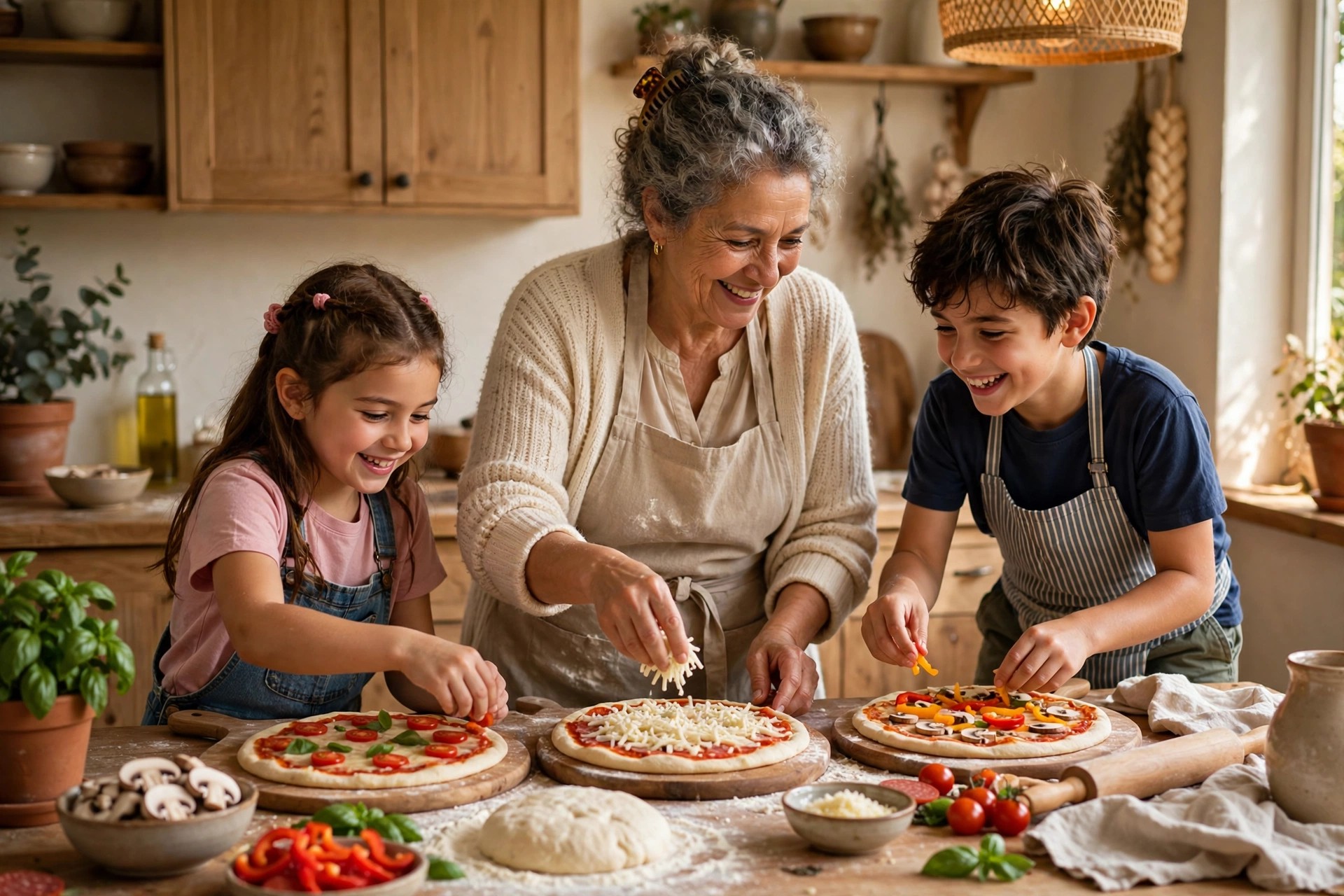 Grandmother making homemade pizza with grandchildren