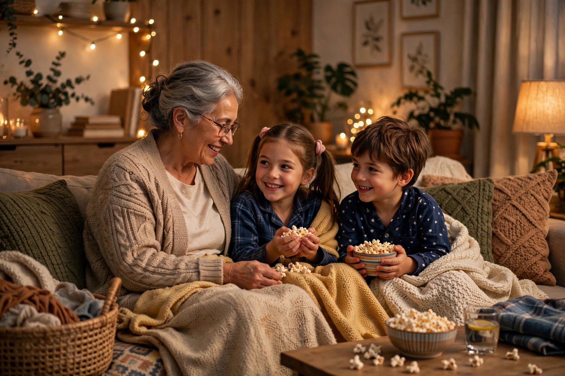 Grandmother and grandchildren enjoying a themed movie night with popcorn