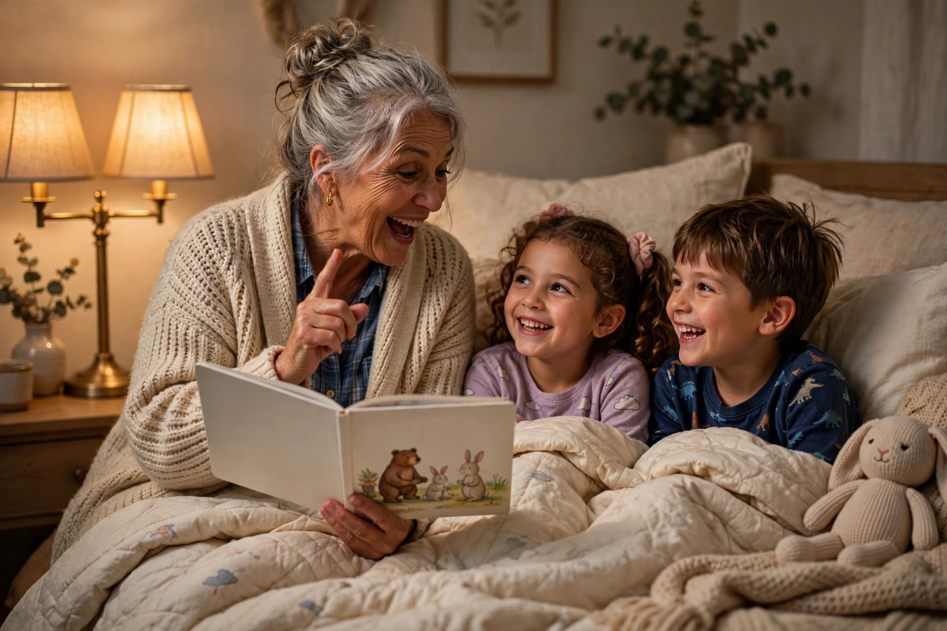 Grandmother reading a bedtime story to grandchildren tucked in bed
