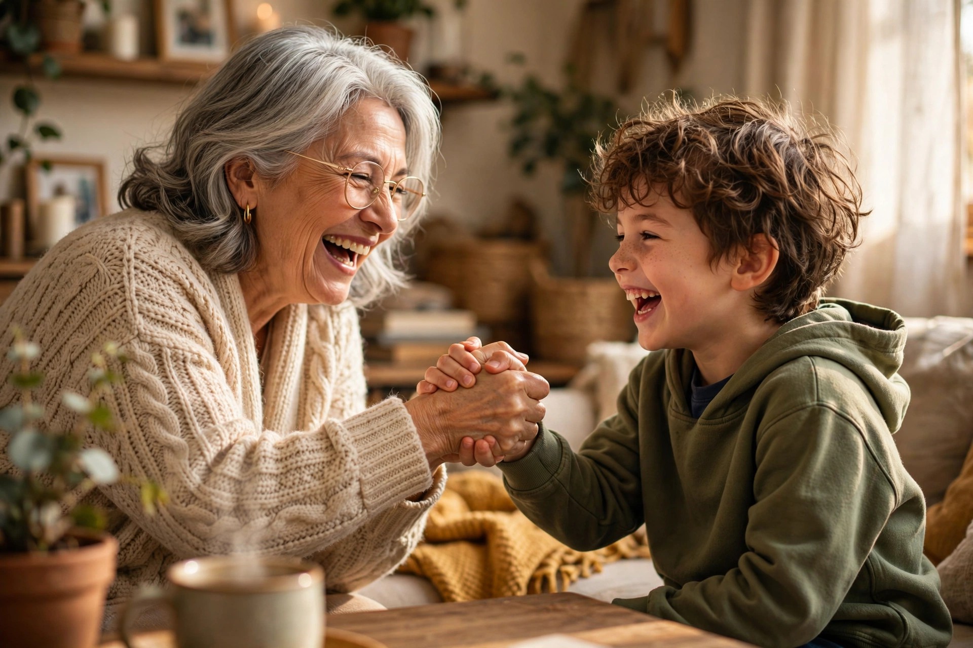 Grandmother and grandchild doing a secret handshake and laughing