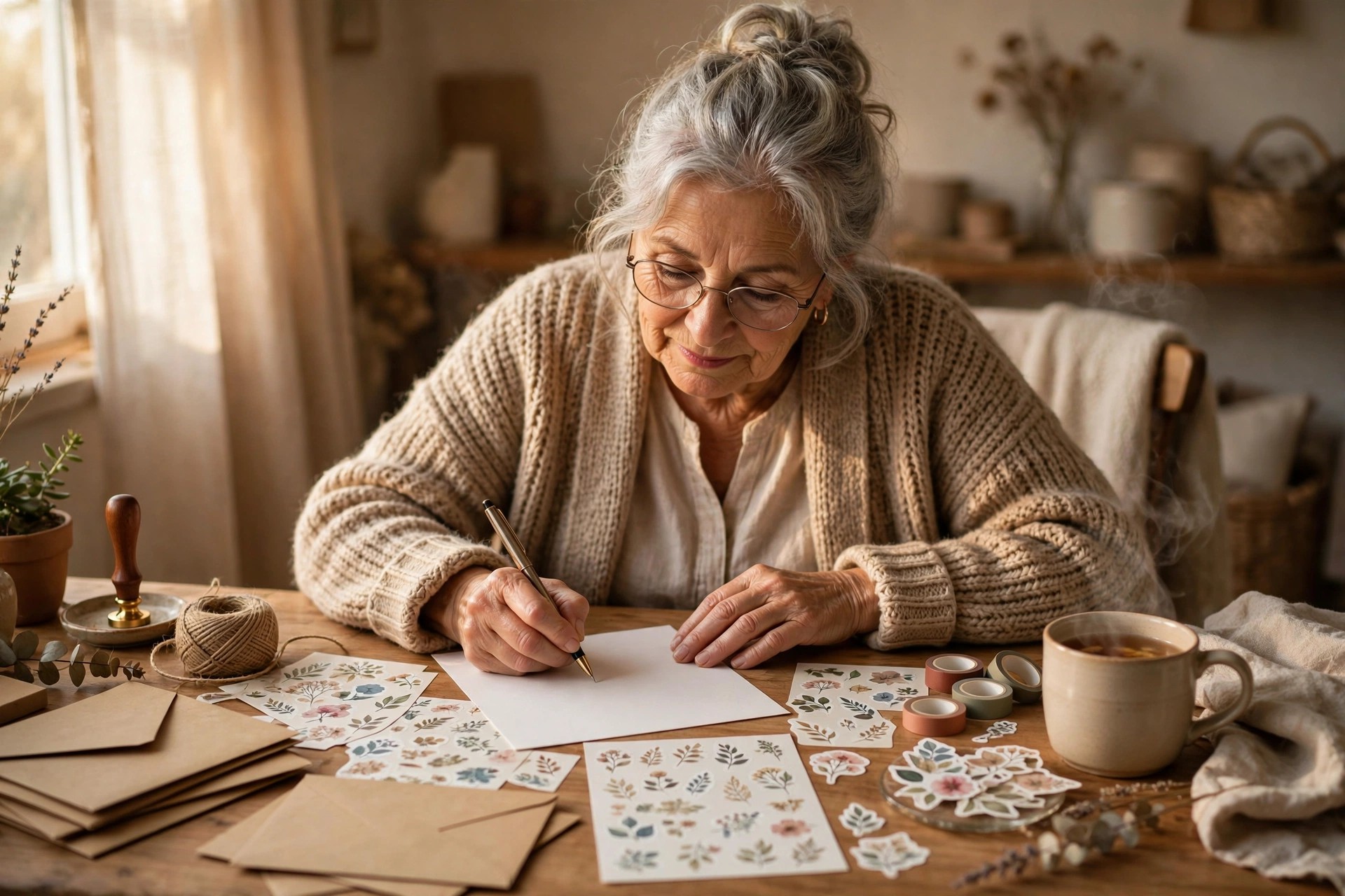 Grandmother writing heartfelt letters at a desk