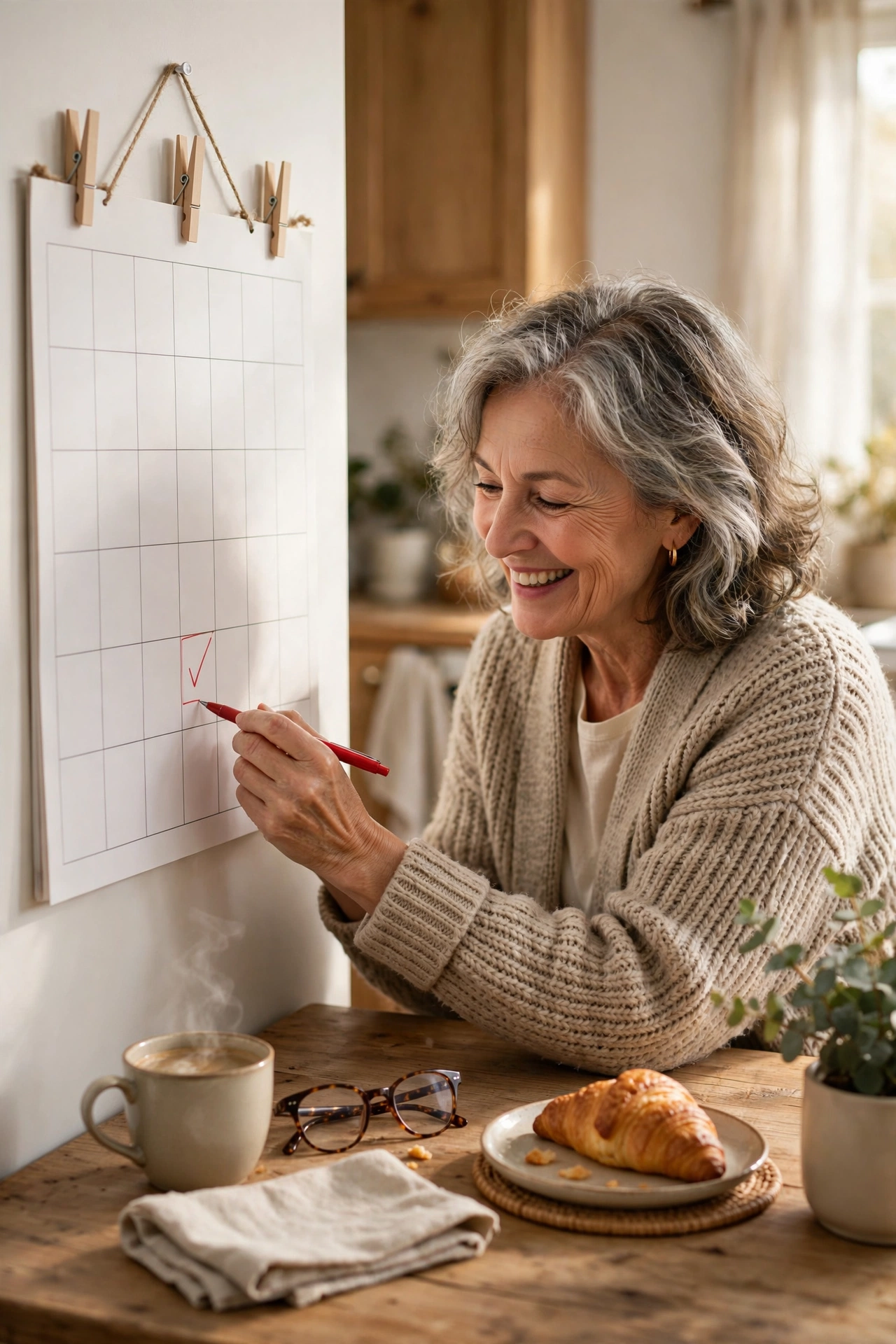 Smiling woman in her 60s marking her calendar for a weekly social day