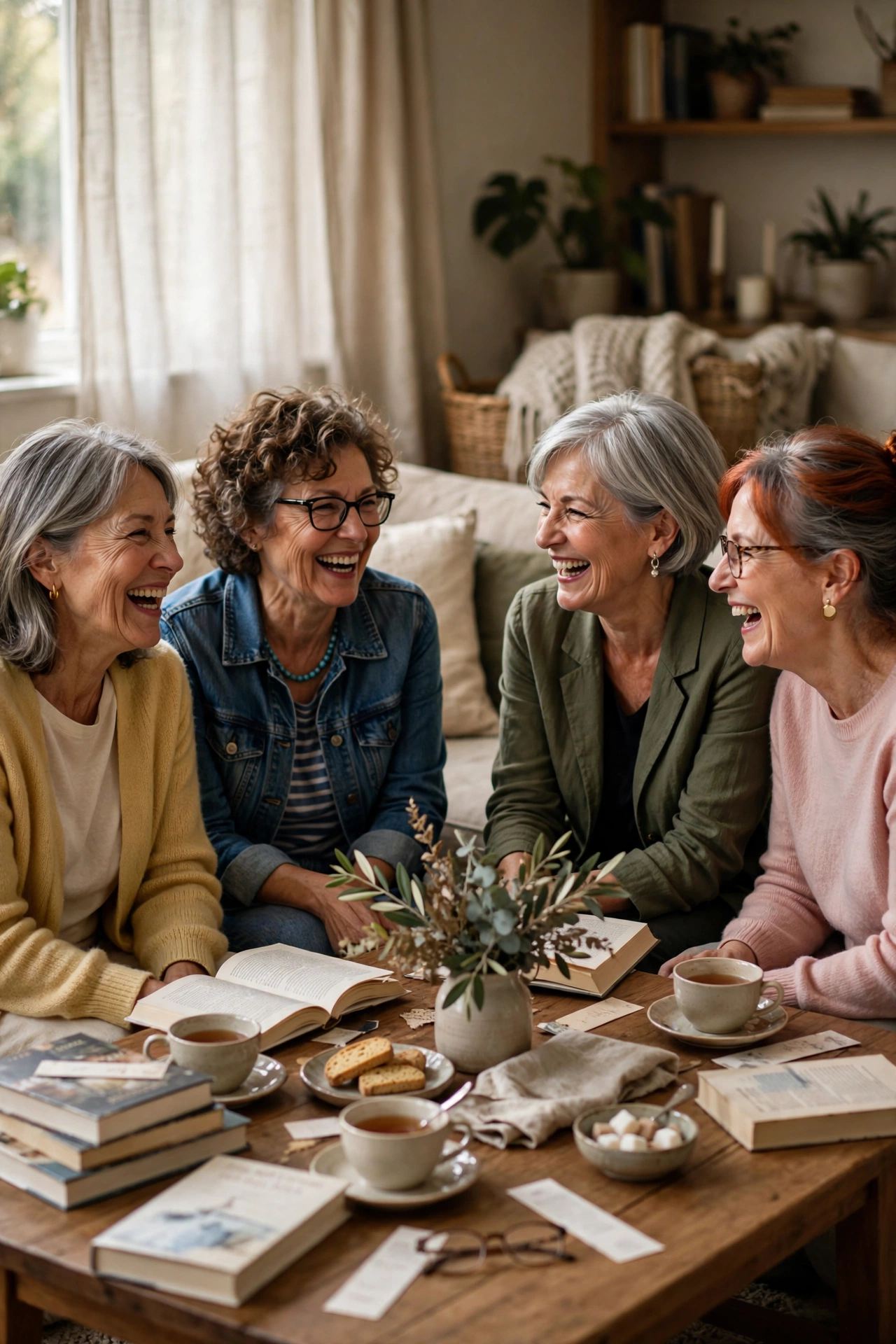 Four women in their 60s laughing together at a book club meeting with tea and books