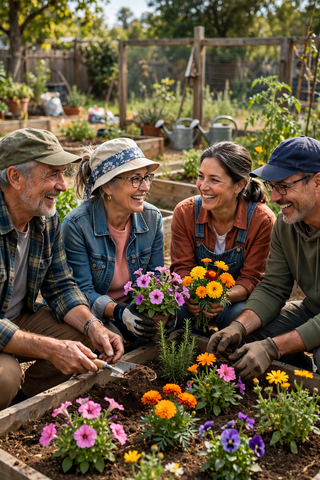 Retirees planting colorful flowers together in a sunny community garden