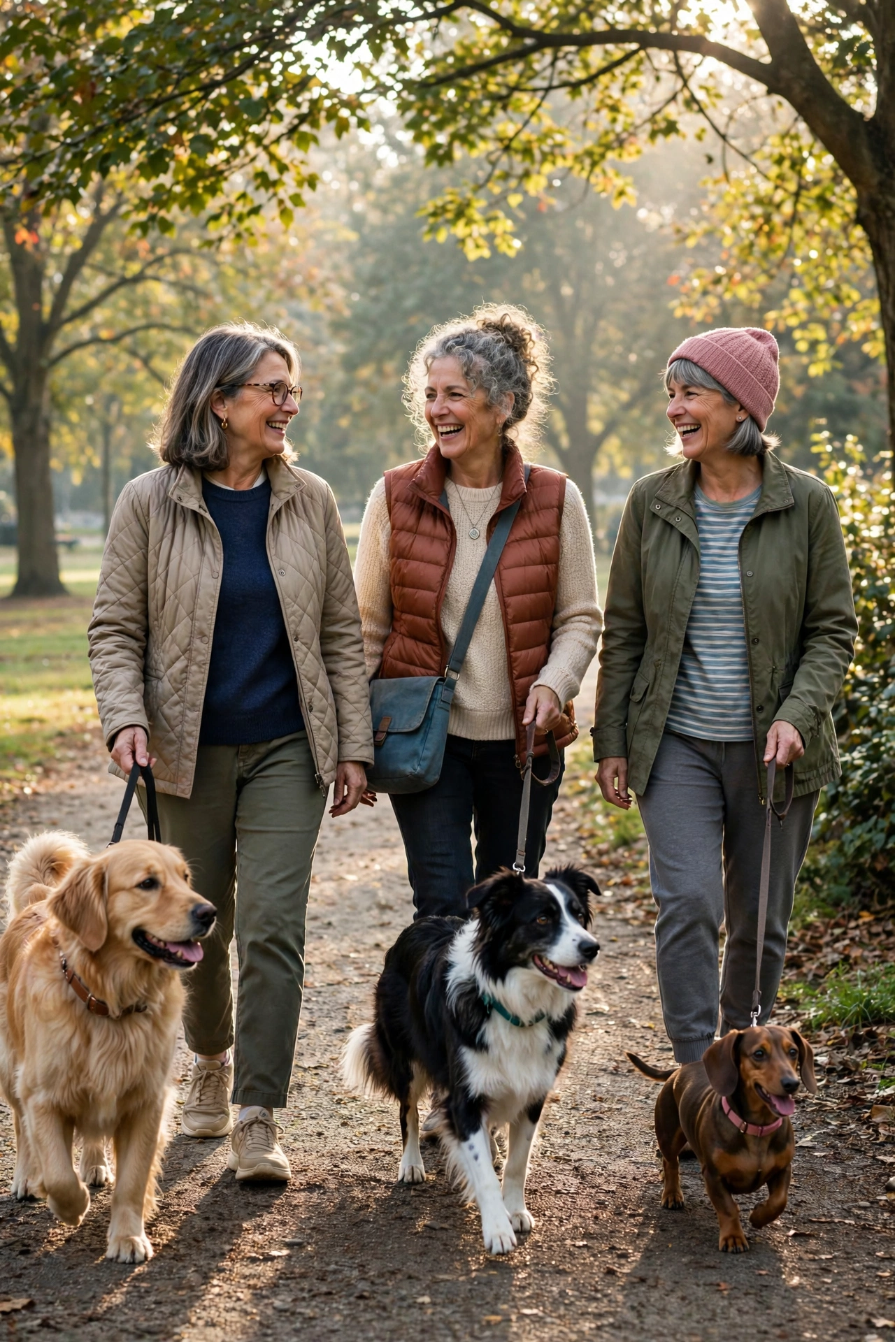 Woman in her 60s walking her golden retriever with friends in a dog-walking group