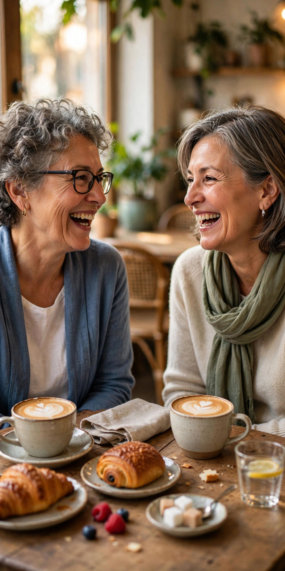 Two friends in their 60s laughing over lattes and croissants at a cozy cafe