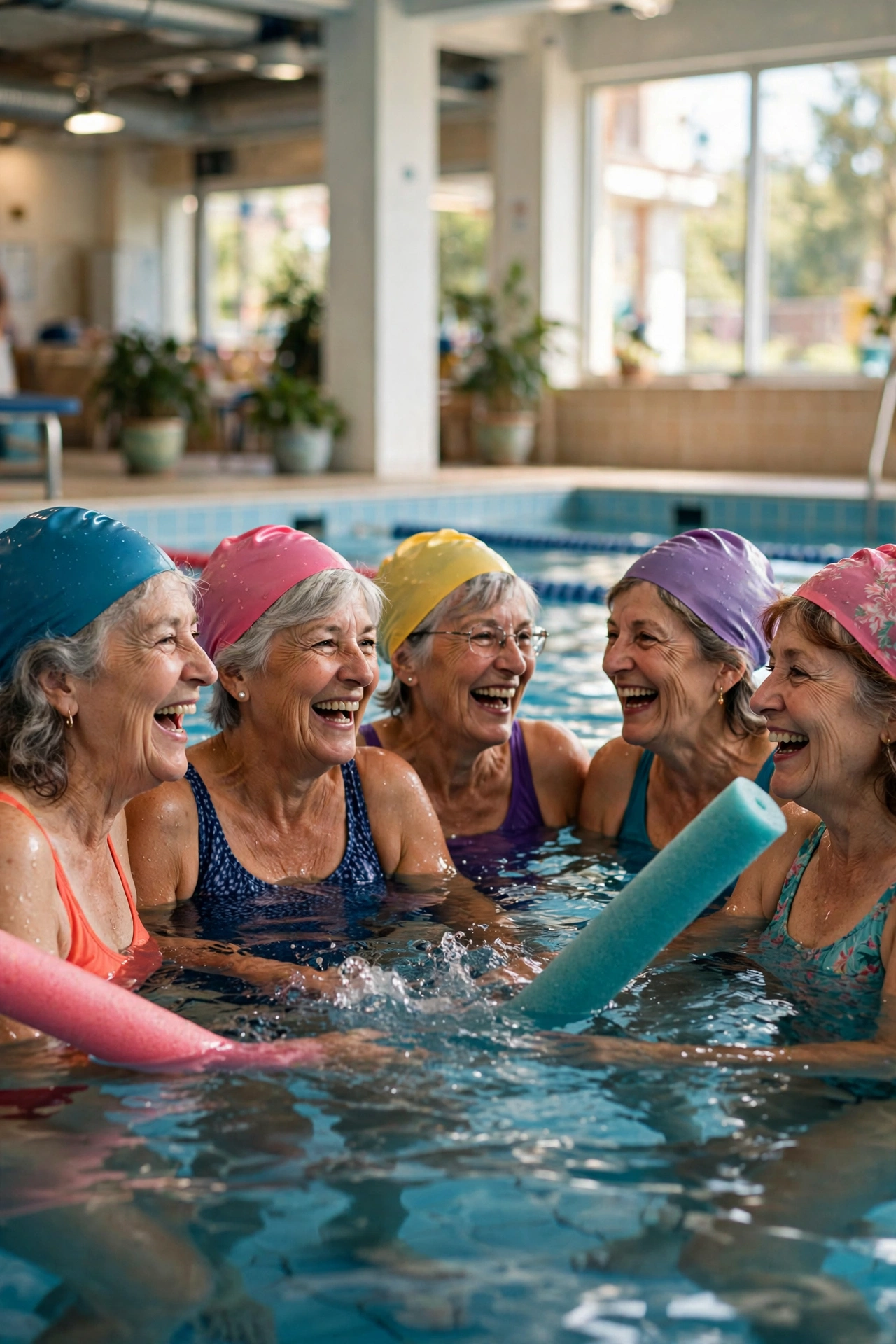 Group of women in their 60s laughing during a water aerobics class in a pool