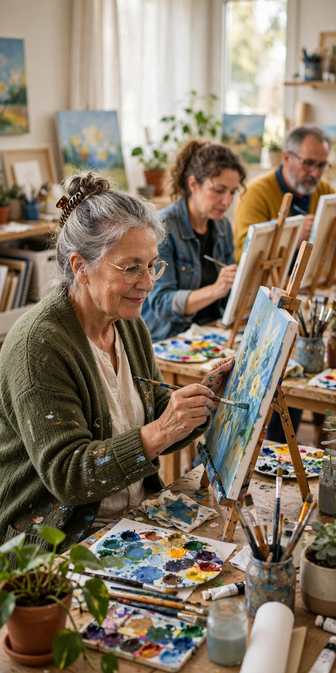 Older woman painting at an easel in a bright community art class