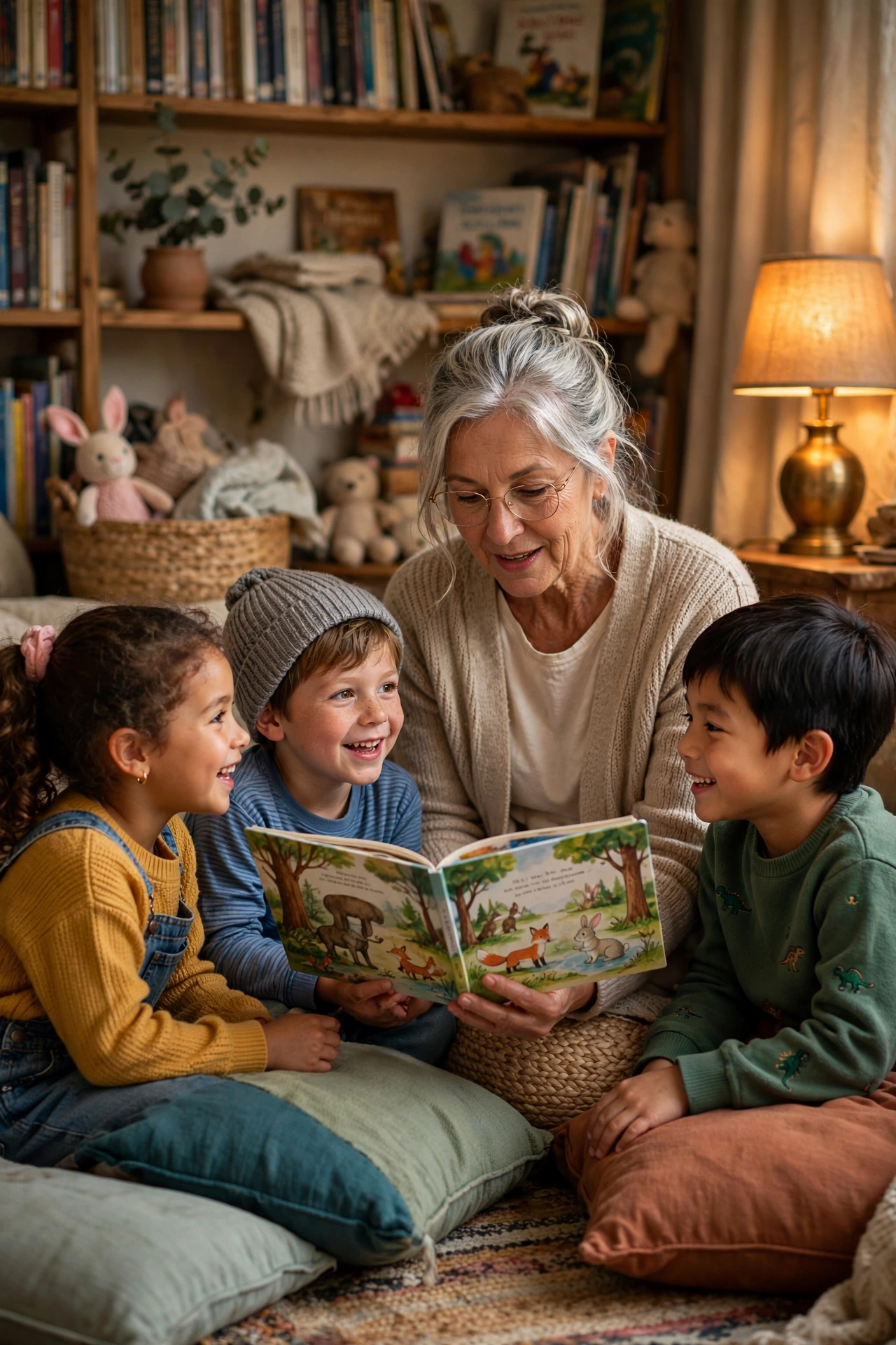Woman in her 60s reading a picture book to happy children at a library story hour
