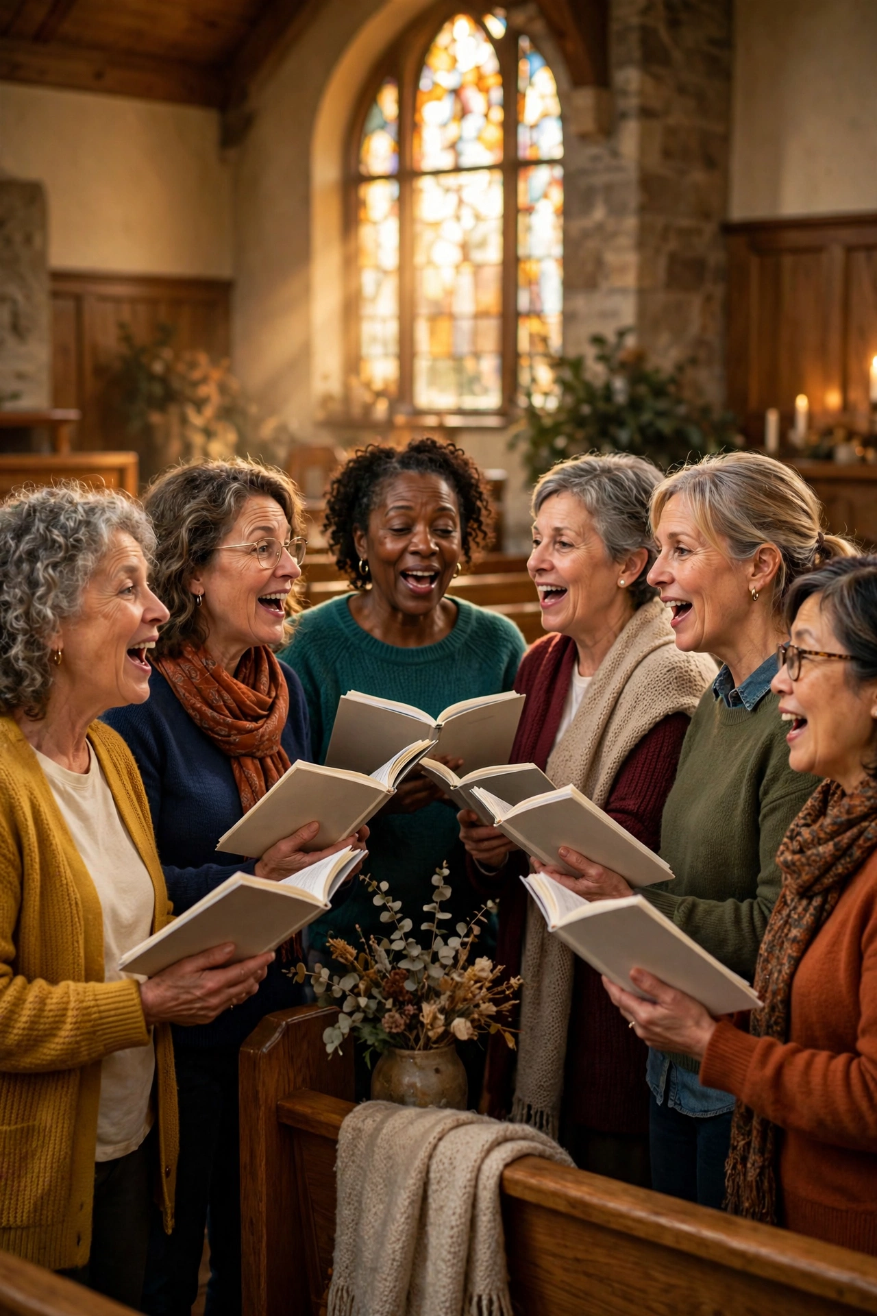 Joyful community choir of women over 50 singing together in a church hall