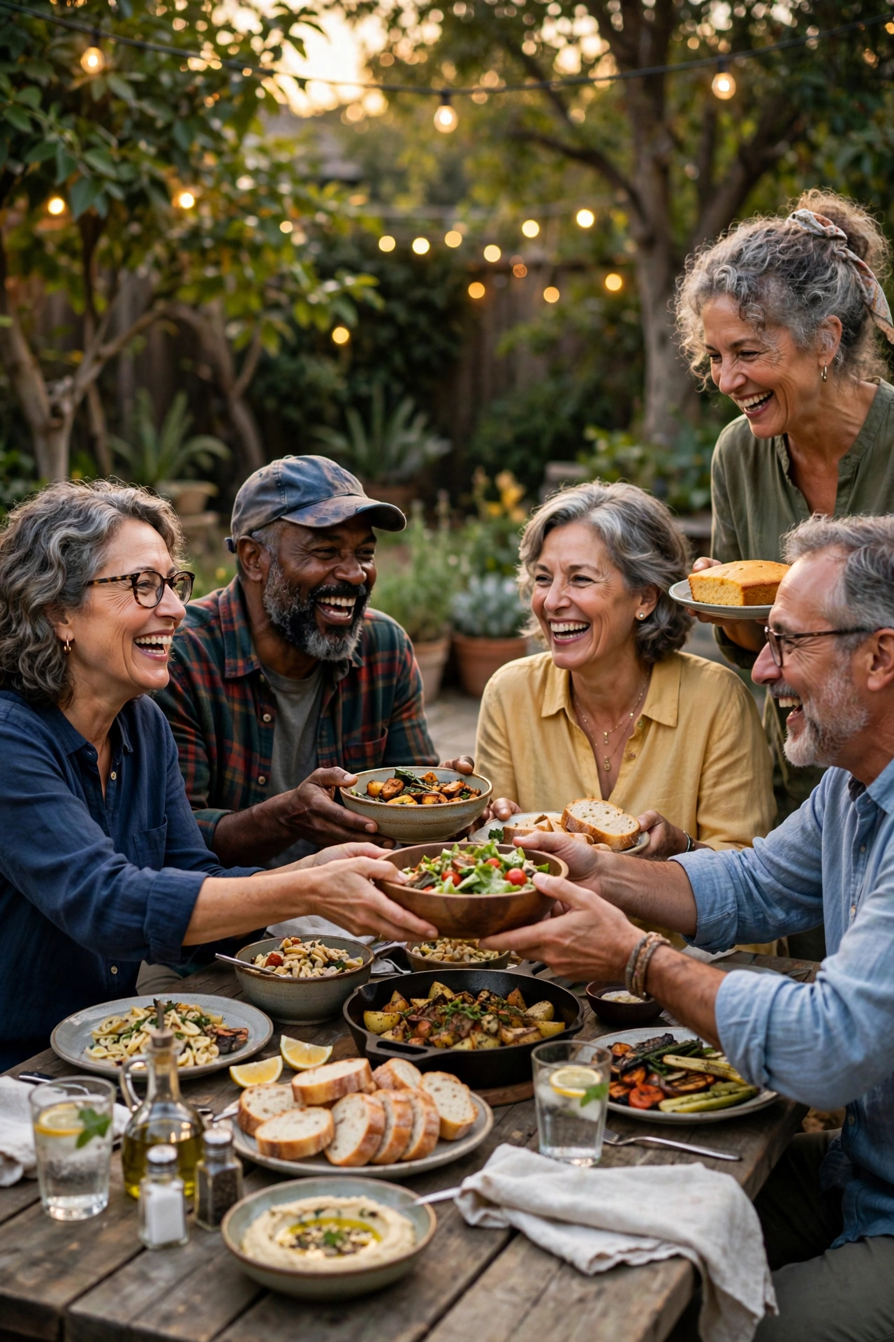 Friends in their 60s sharing food and laughter at a backyard potluck dinner
