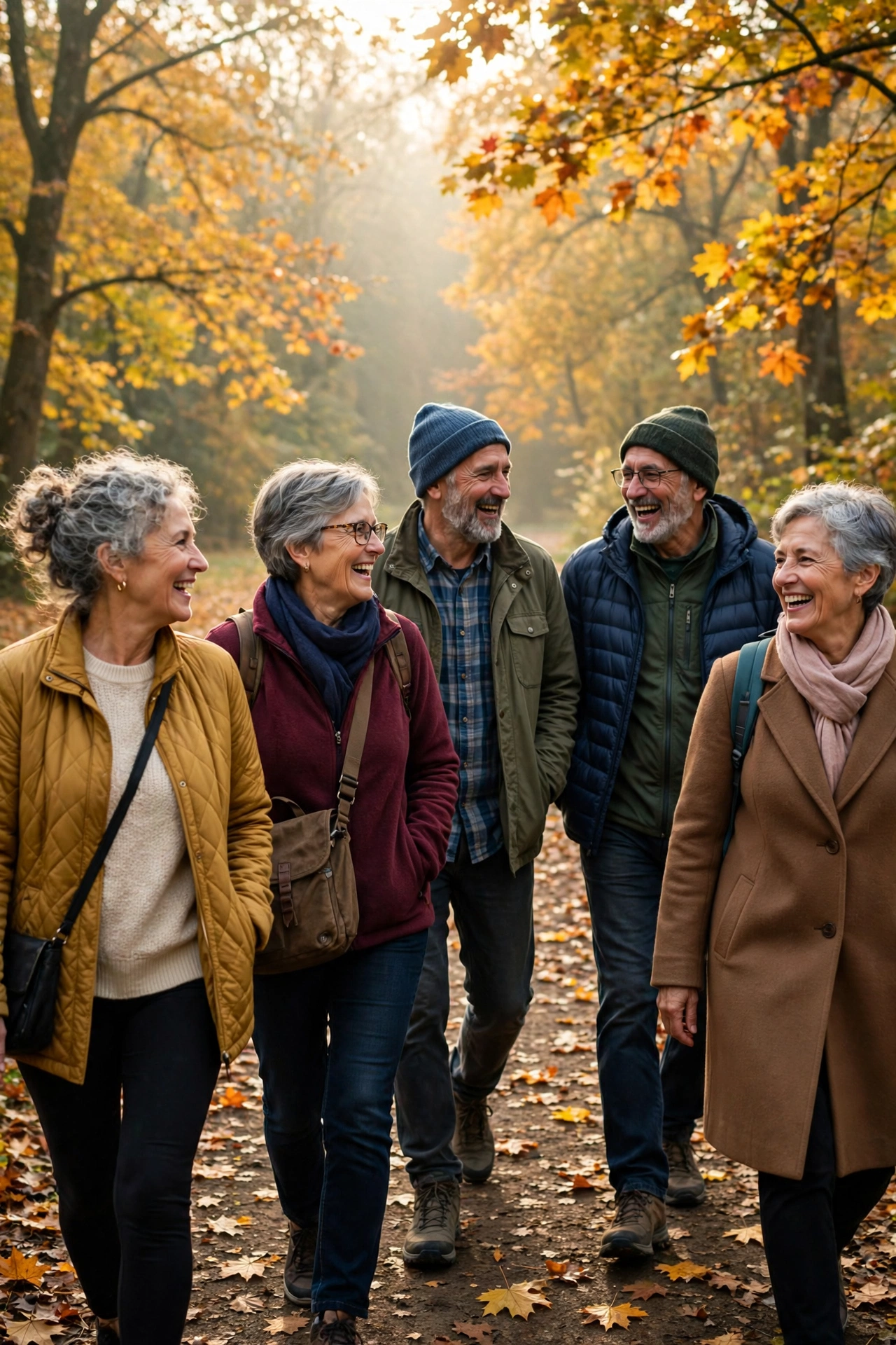 Group of retirees walking and chatting together on an autumn park trail