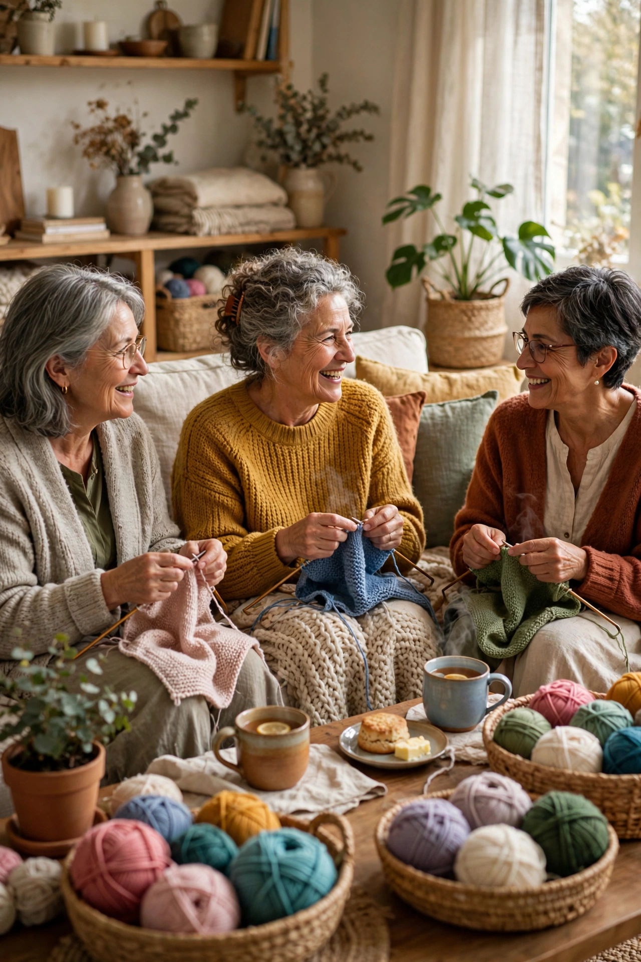 Women in their 60s knitting together in a cozy living room craft circle