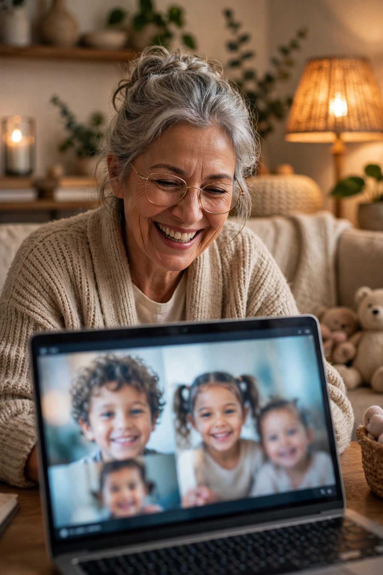 Grandmother in her 60s smiling on a video call with her grandchildren on a laptop